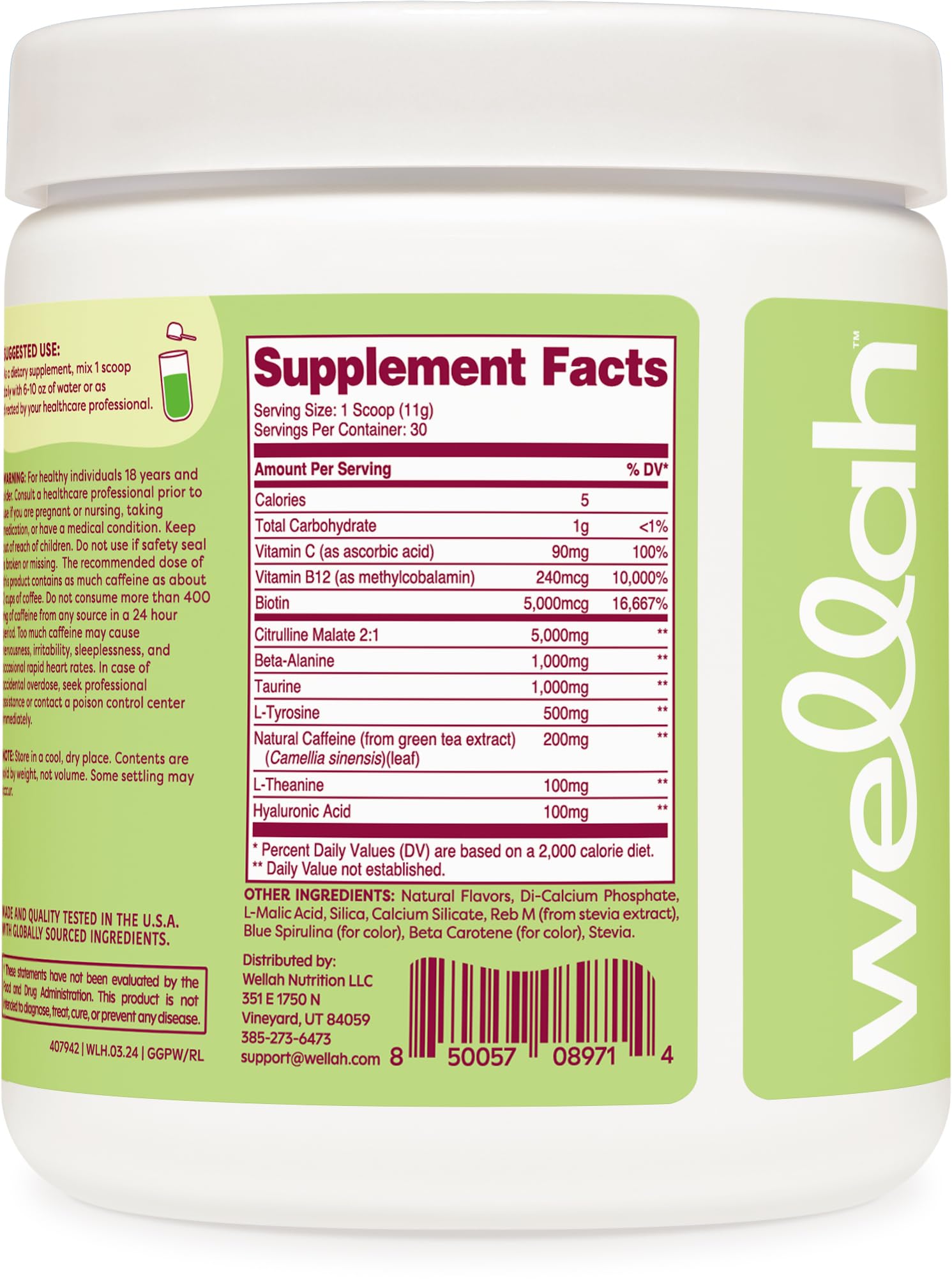 Wellah Get-Going Green Apple label close-up highlighting Stevia sweetness.
