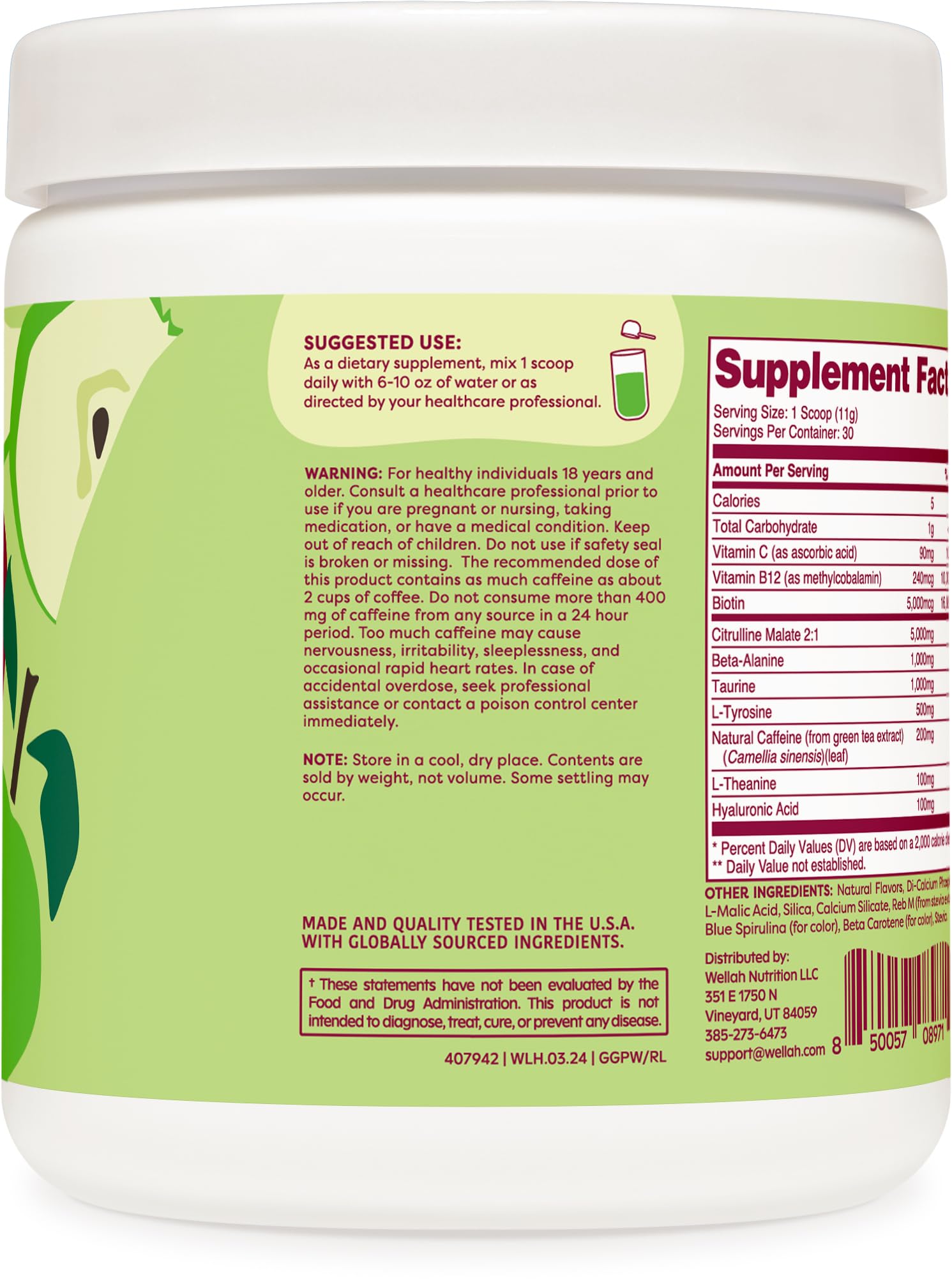 Wellah Get-Going Green Apple scoop beside powder ready to blend.