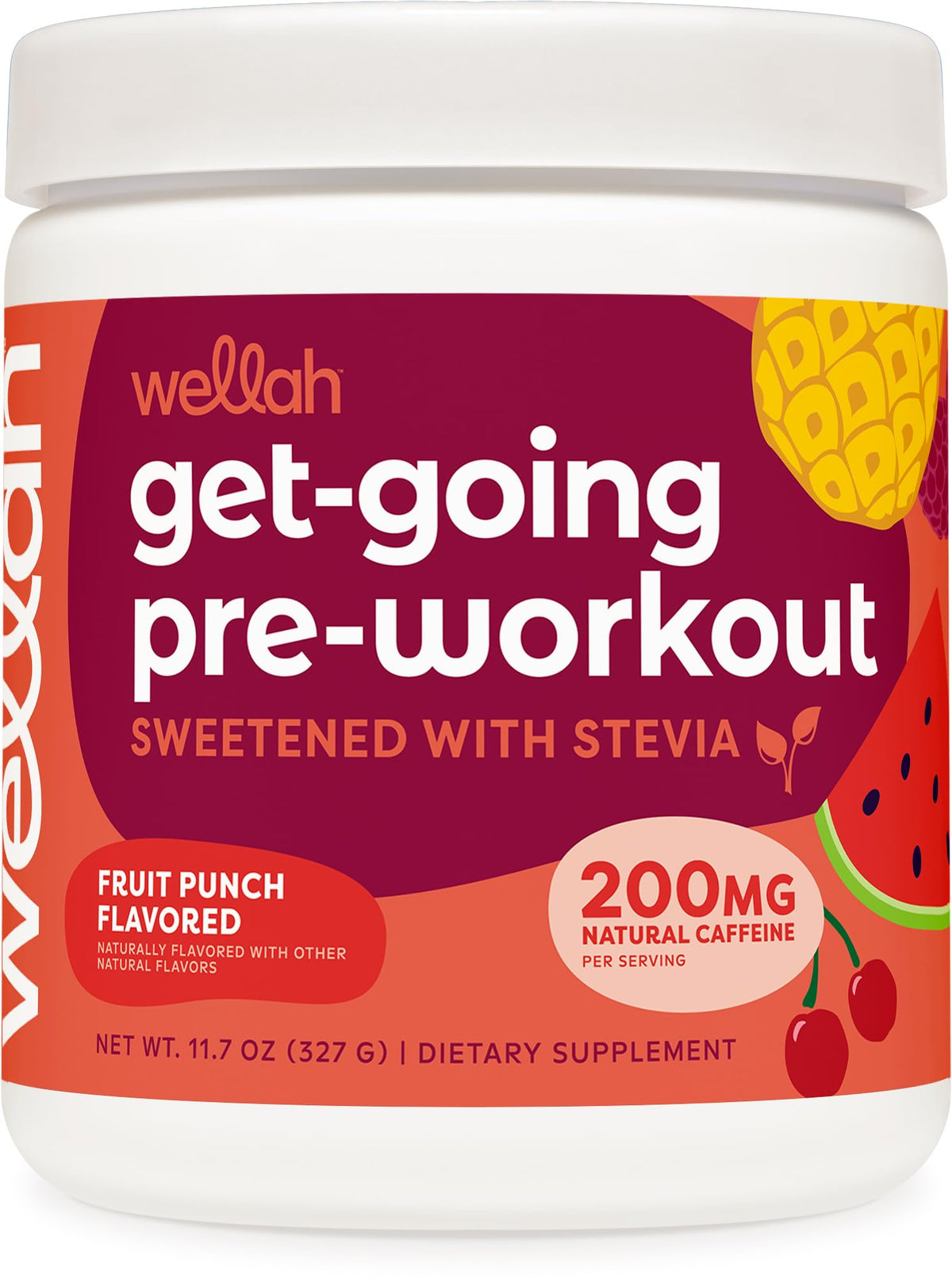 Wellah Get-Going tub front label with Tropical Fruit Punch flavor, ready to power your workout.