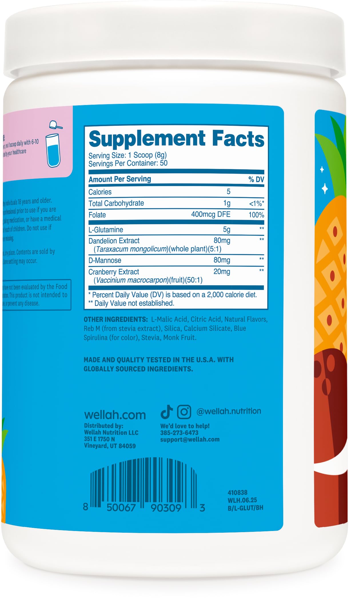 Wellah L-Glutamine Blue Hawaii flavor label highlights stevia-sweetened taste