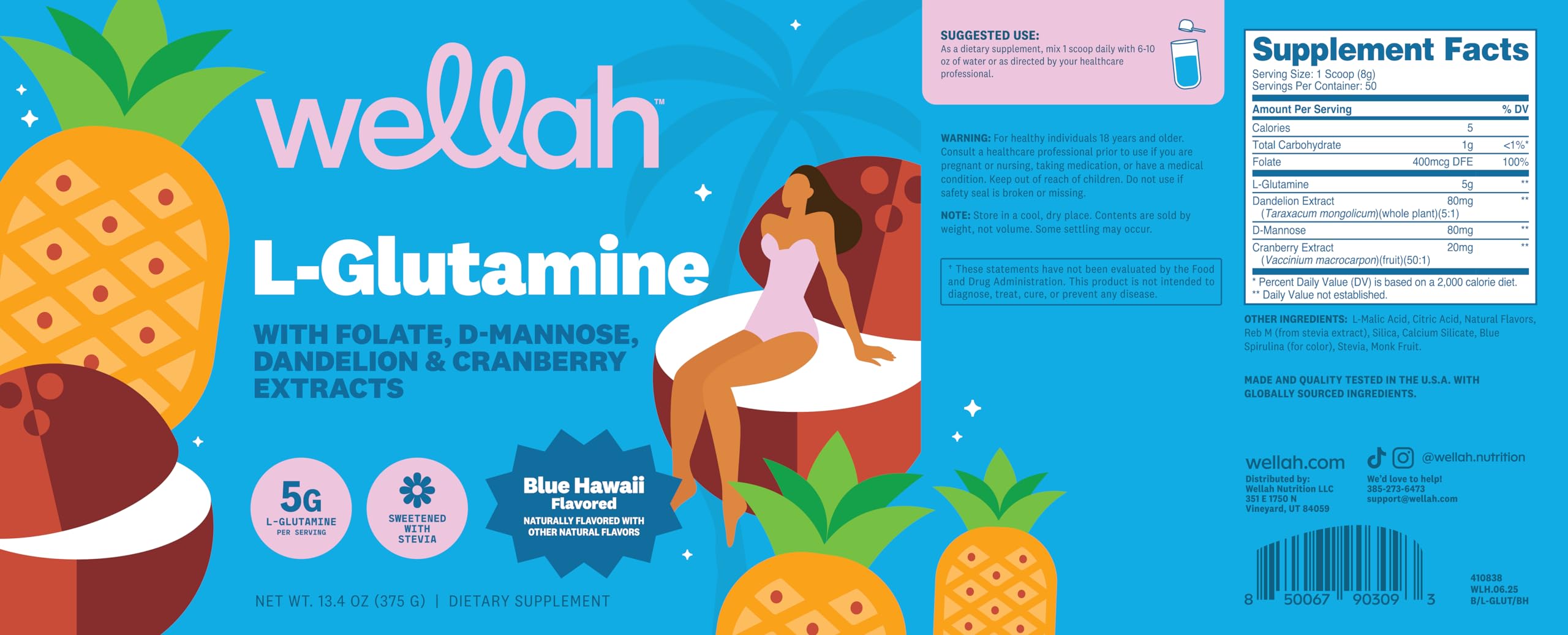 Wellah L-Glutamine Blue Hawaii test certificate confirms GMP standards