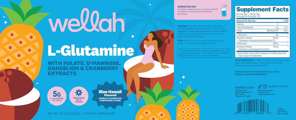 Wellah L-Glutamine Blue Hawaii test certificate confirms GMP standards