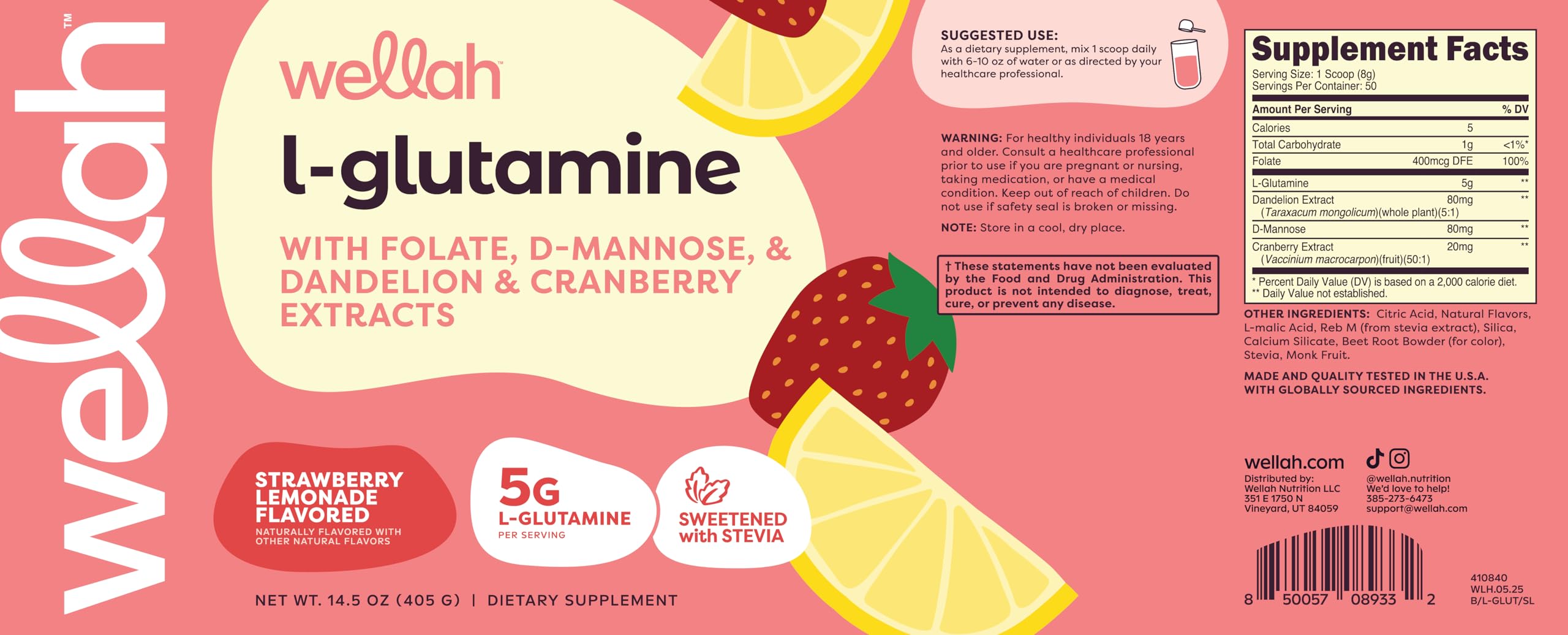 Wellah L-Glutamine ingredients panel features folate, dandelion, uva ursi, cranberry.