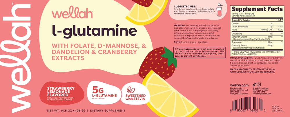 Wellah L-Glutamine ingredients panel features folate, dandelion, uva ursi, cranberry.