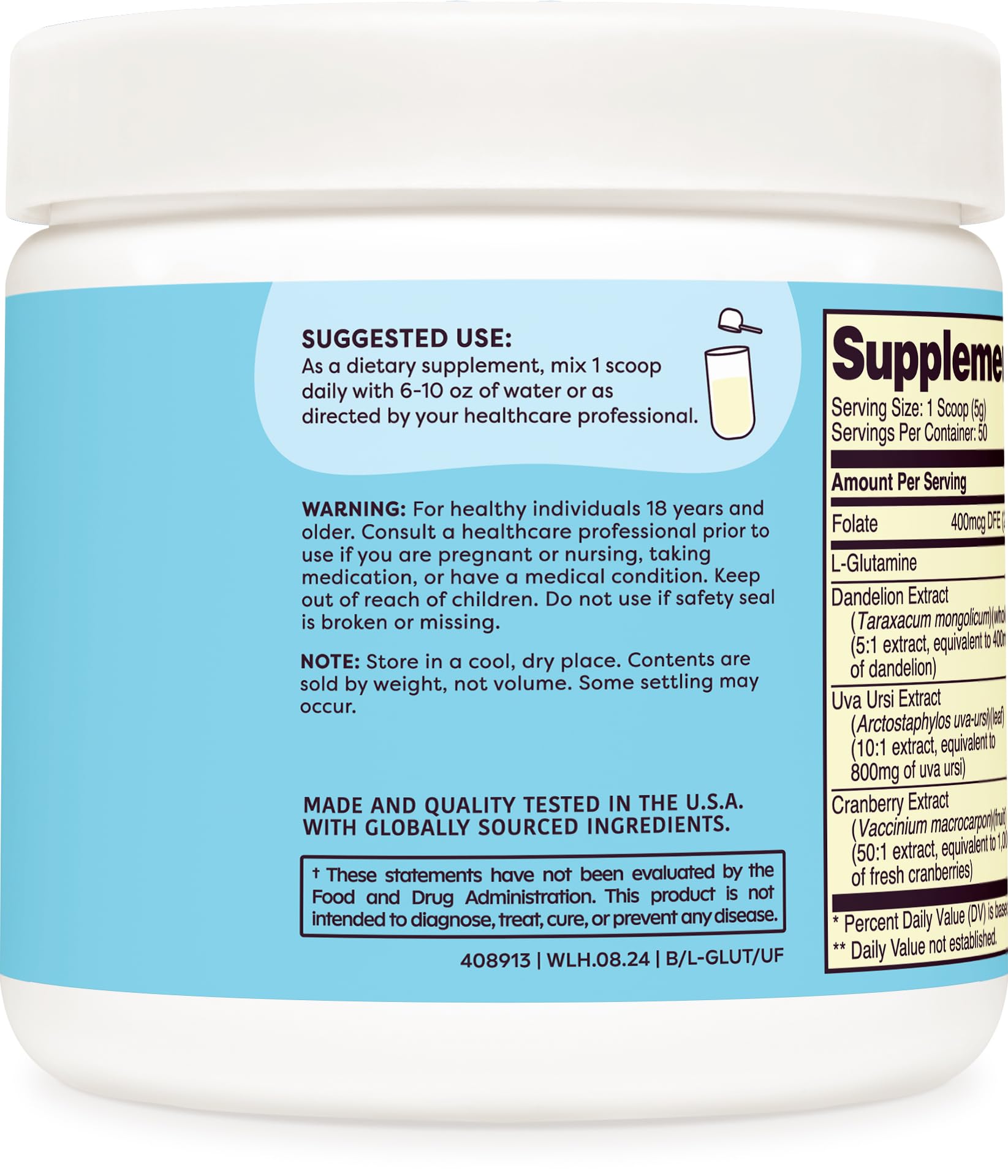 Wellah L-Glutamine powder ingredients label highlights folate and herbal extracts.