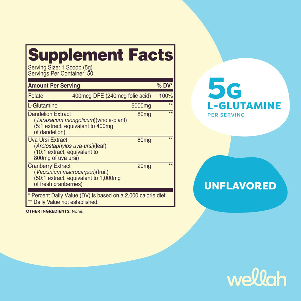 Wellah L-Glutamine powder serving scoop demonstrates precise 5g portions for daily use.