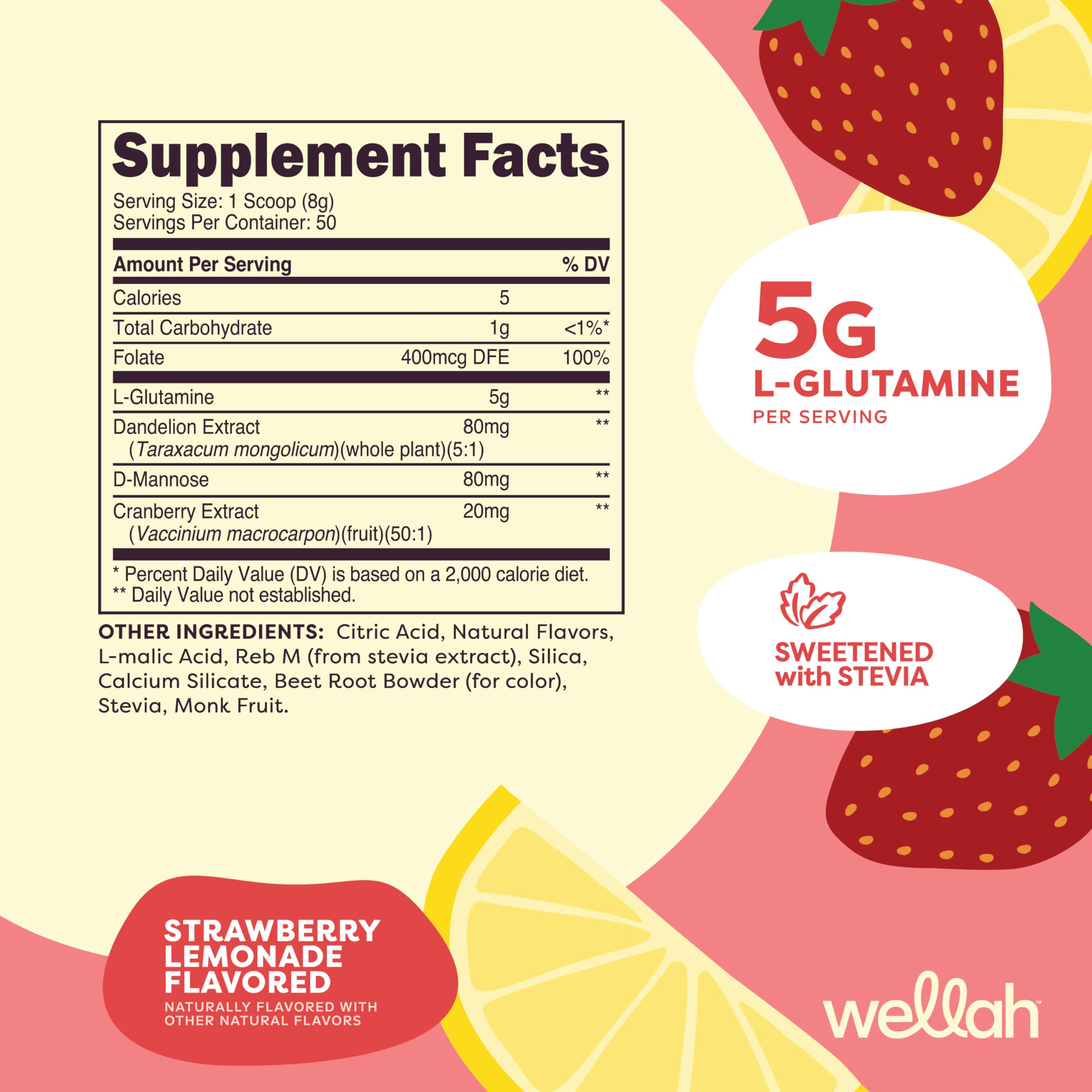 Wellah L-Glutamine strawberry lemonade bottle side view highlights 50 servings and GMP quality.