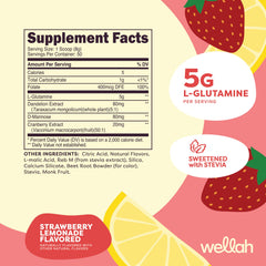 Wellah L-Glutamine strawberry lemonade bottle side view highlights 50 servings and GMP quality.