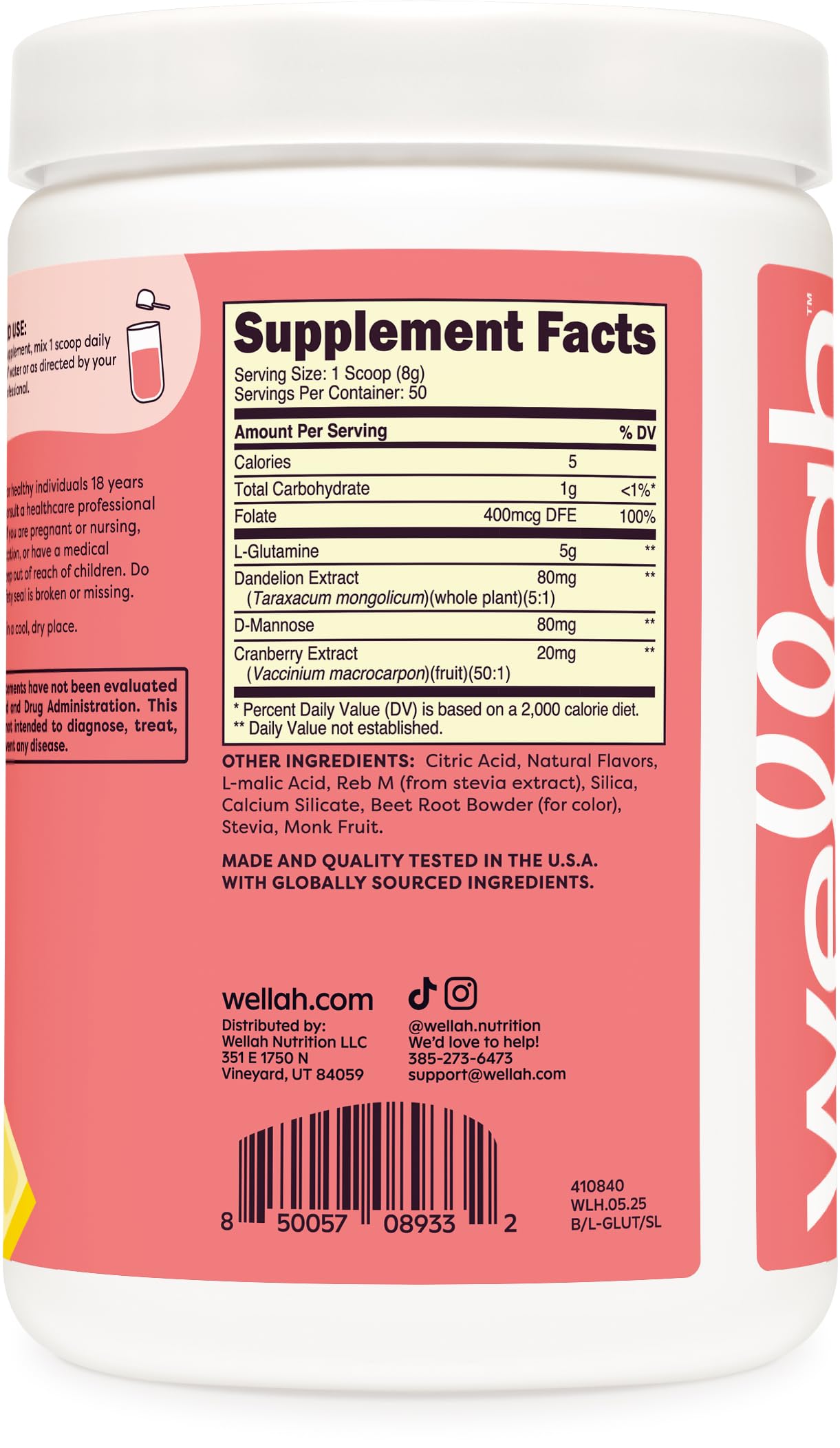 Wellah L-Glutamine powder close-up emphasizes stevia-sweetened flavor.
