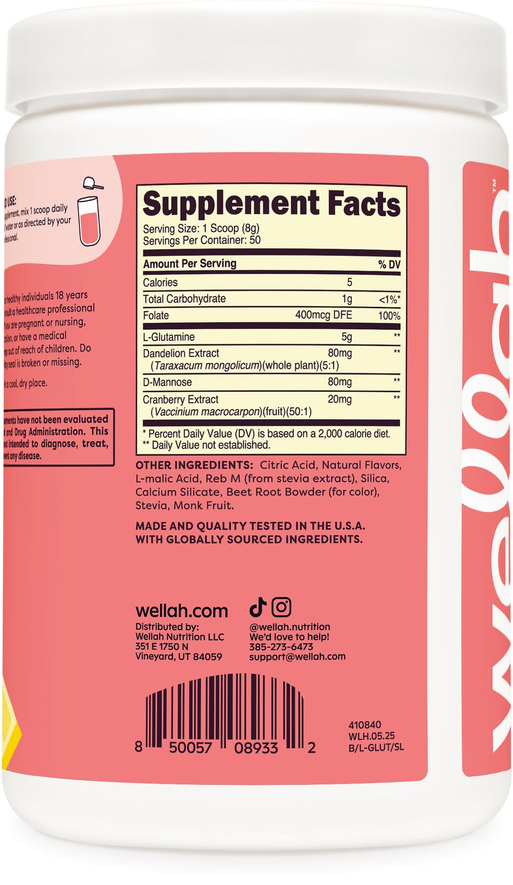 Wellah L-Glutamine powder close-up emphasizes stevia-sweetened flavor.