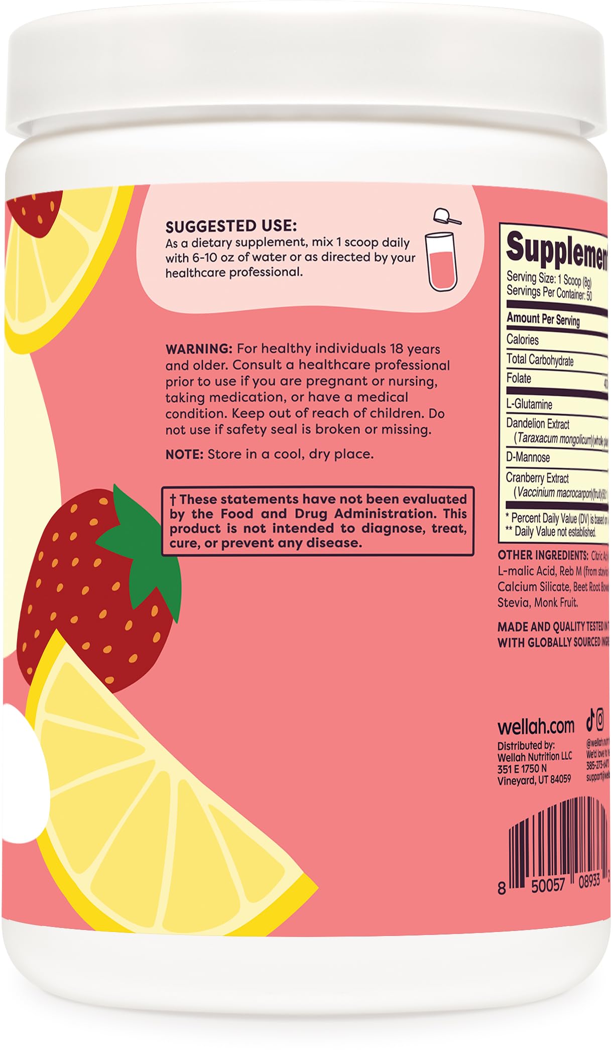 Wellah L-Glutamine scoop and powder close-up shows 5g per serving.