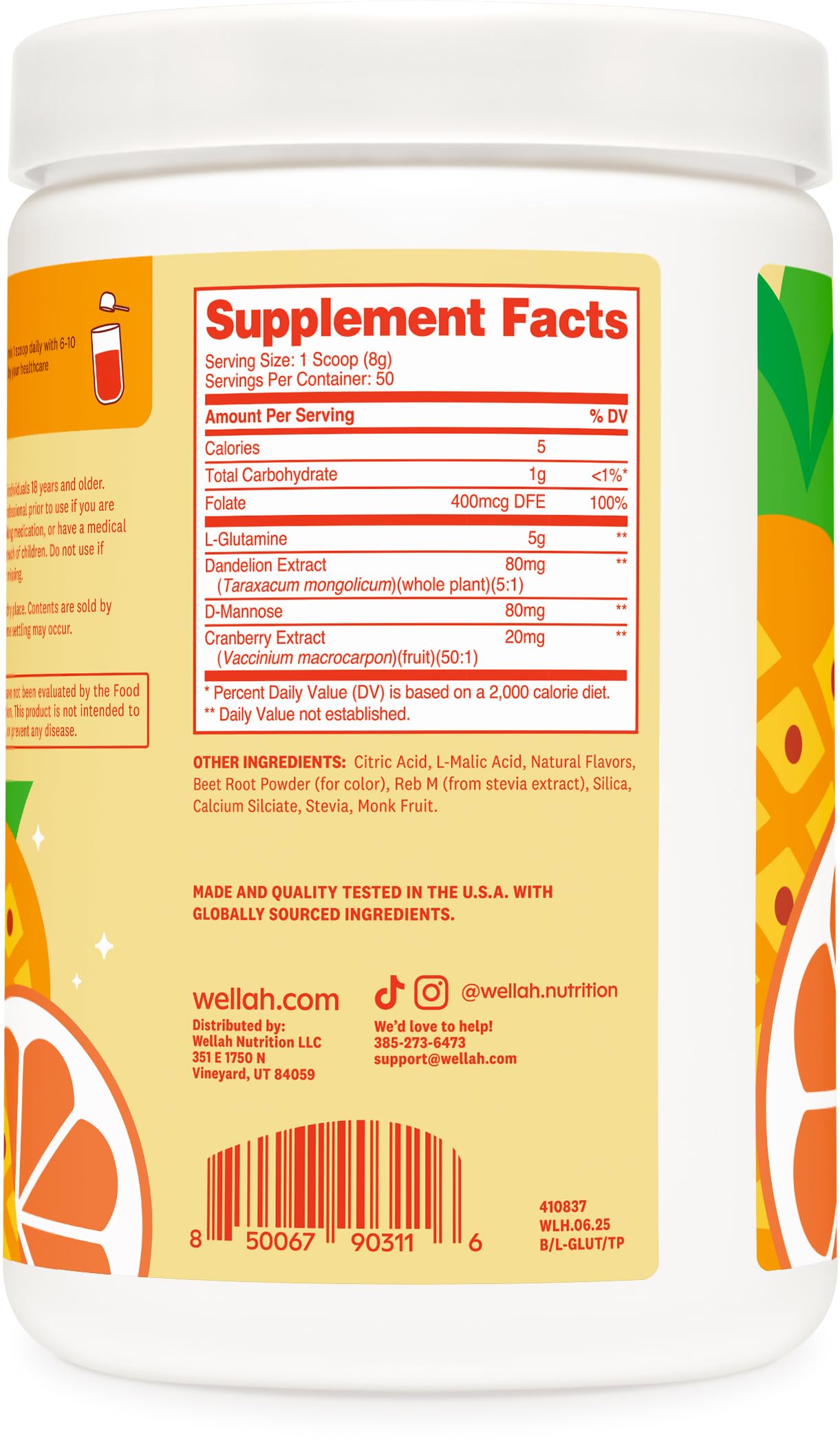 Wellah L-Glutamine Tropical Punch ingredients highlight flavor and extracts.