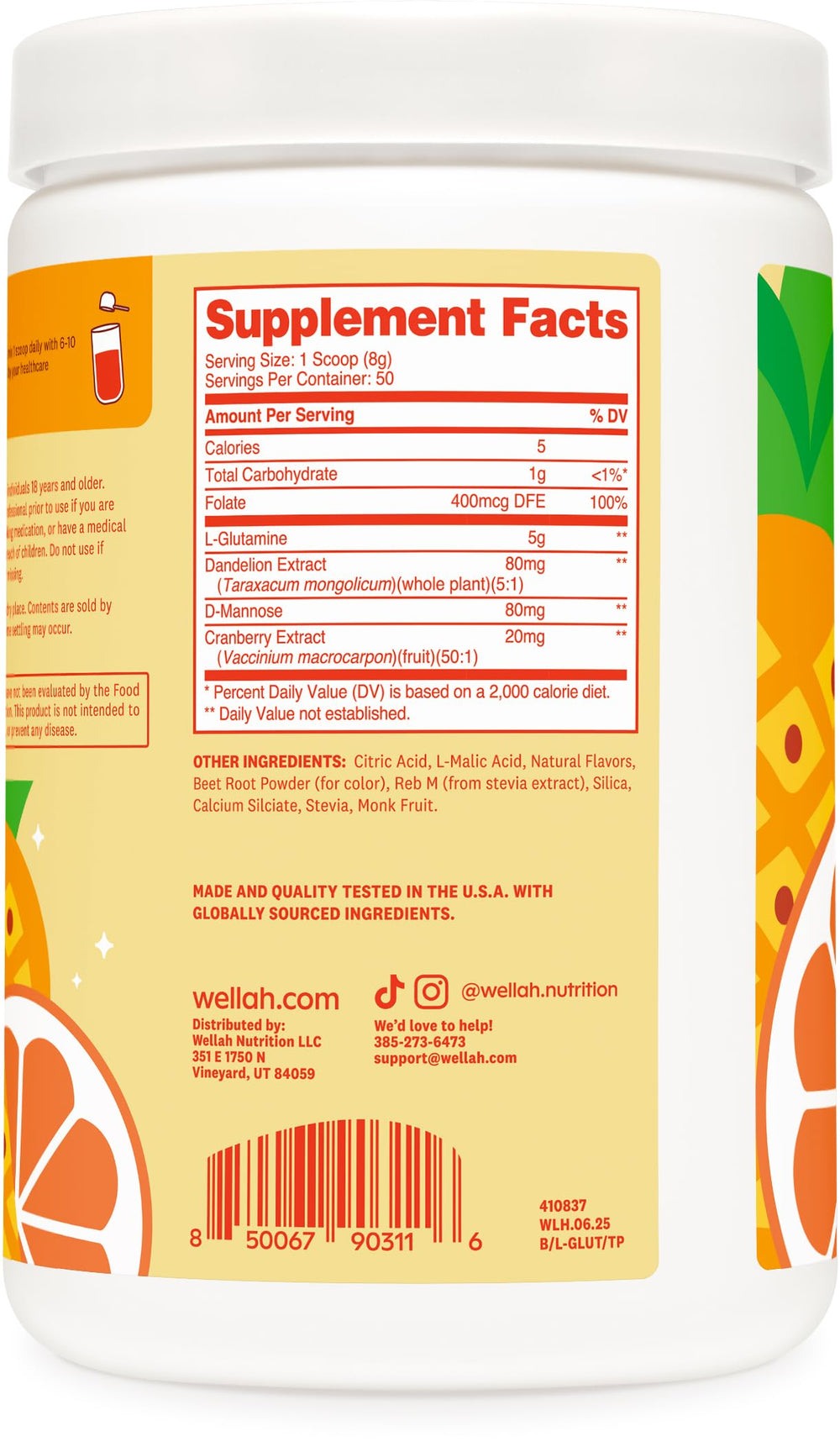 Wellah L-Glutamine Tropical Punch ingredients highlight flavor and extracts.