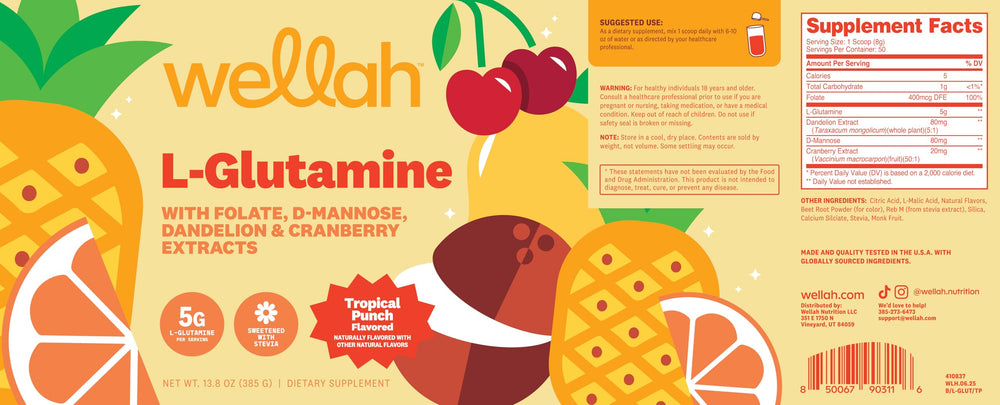 Wellah L-Glutamine Tropical Punch label shows nutrition and servings.