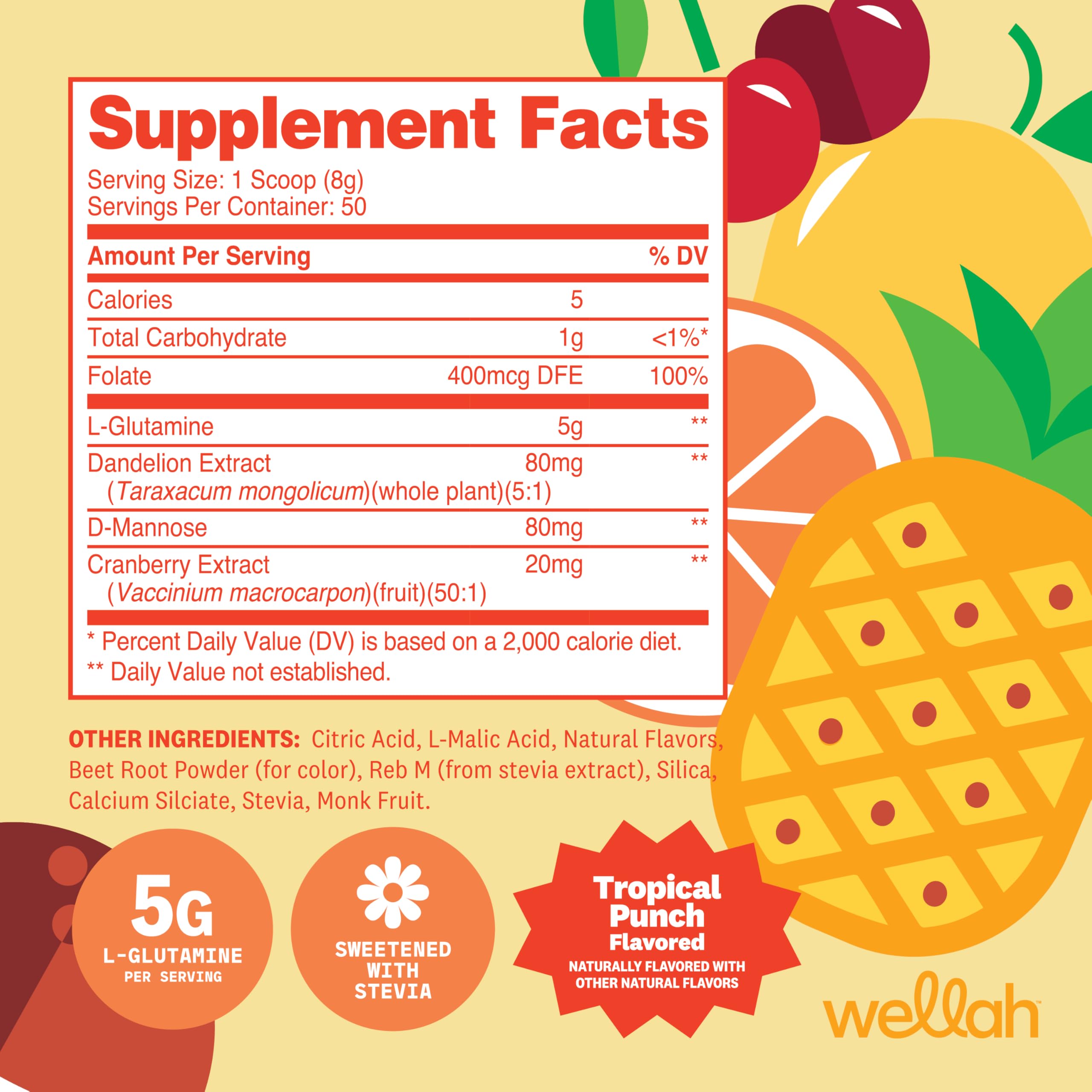 Wellah L-Glutamine Tropical Punch scoop for precise 5 g servings.