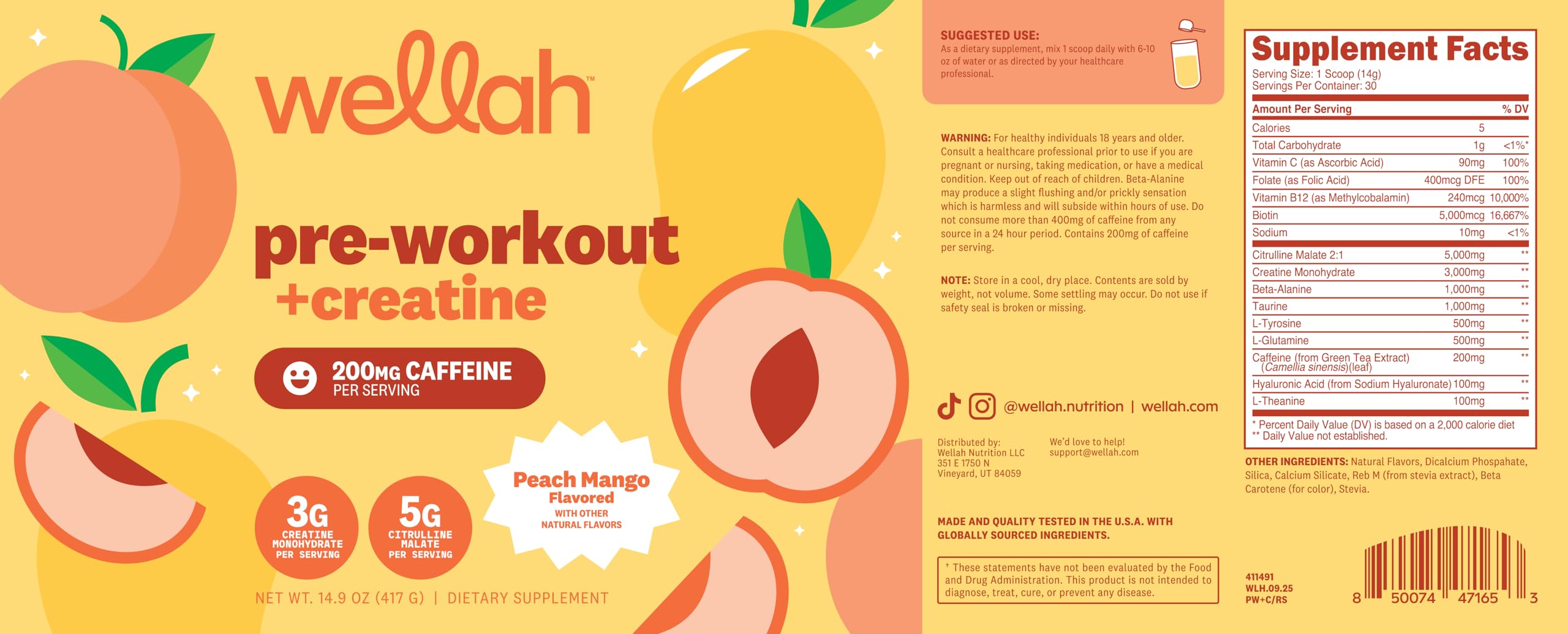 Wellah pre-workout peach mango nutrition panel closeup communicates caffeine and creatine details.