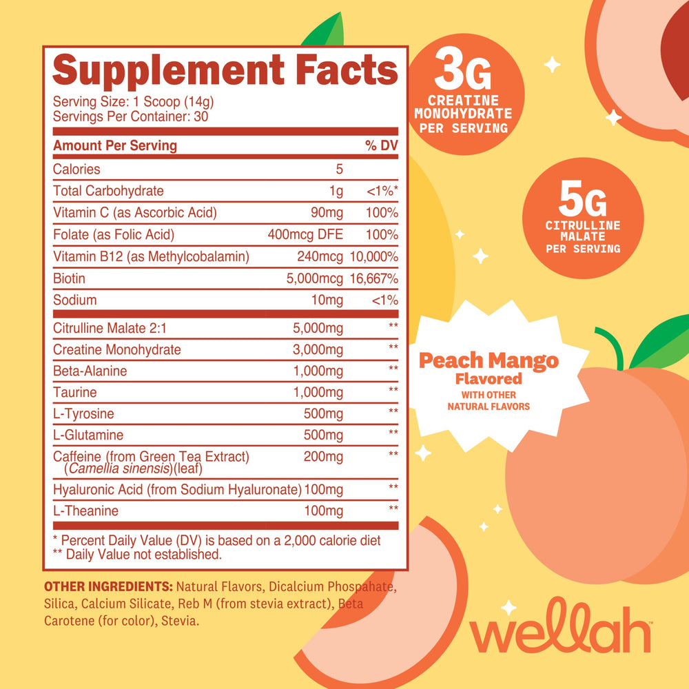 Wellah pre-workout peach mango scoop with powder ready to mix for a quick energy boost.