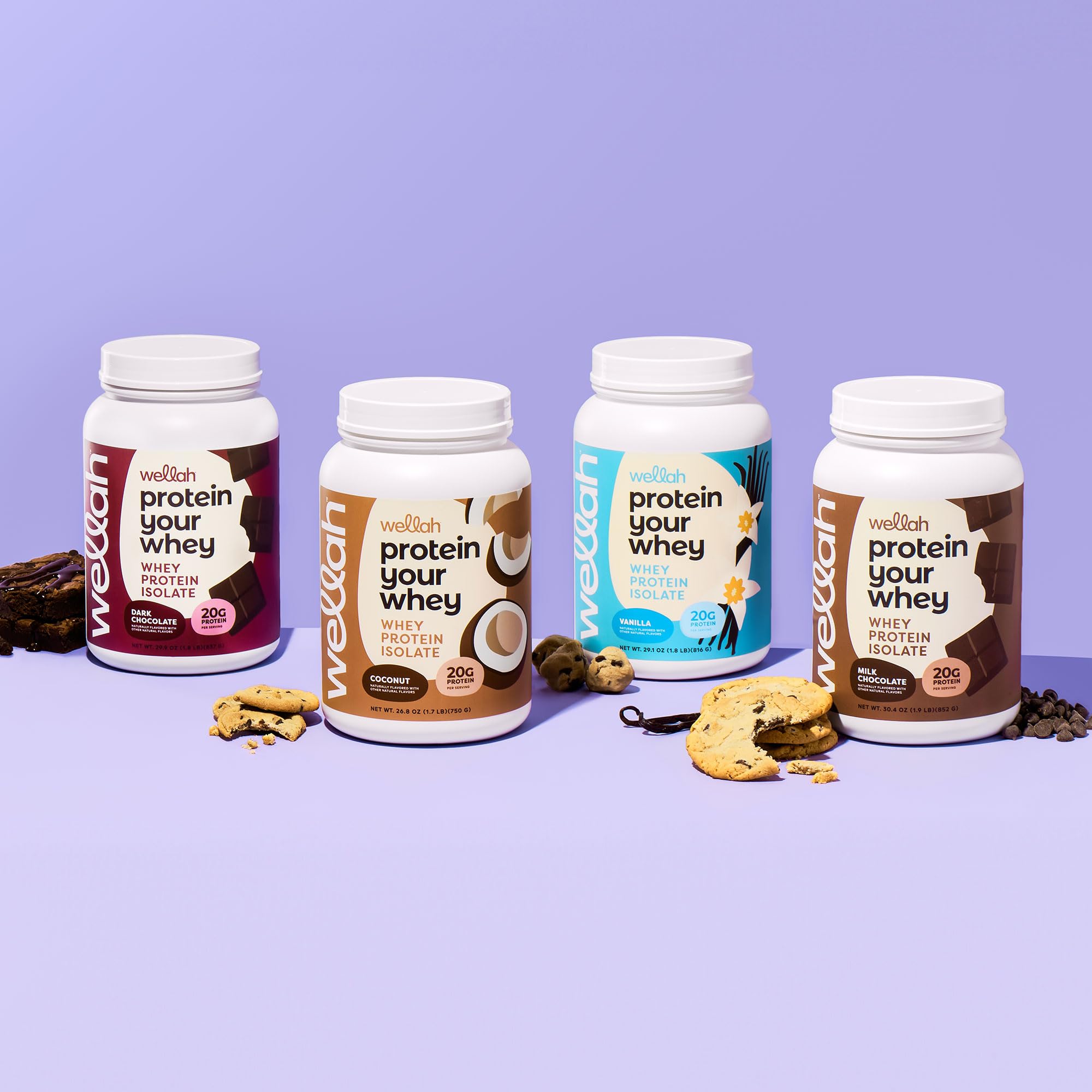 Wellah Protein Your Whey dark chocolate tub in a cozy kitchen setting.