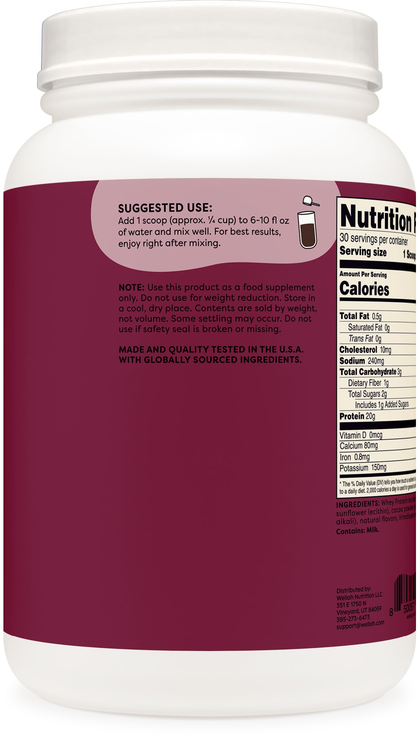 Wellah Protein Your Whey nutrition label highlights whey isolate benefits.