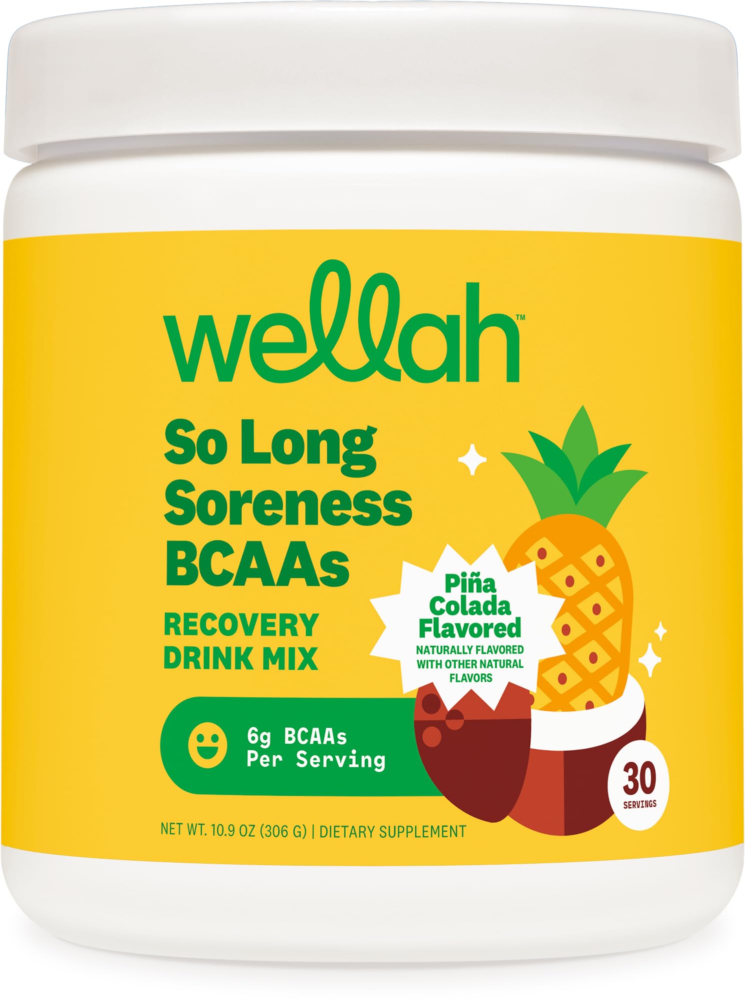 Wellah So Long Soreness BCAA bottle shows refreshing Pina Colada flavor for daily hydration