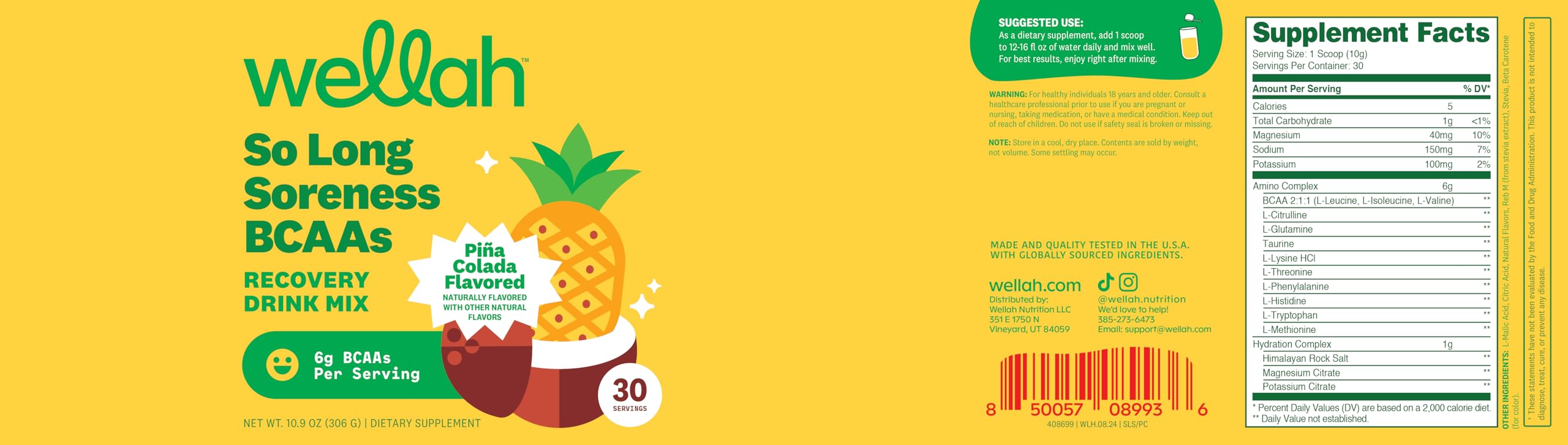 Wellah So Long Soreness BCAA glass promotes refreshing hydration with pina colada taste