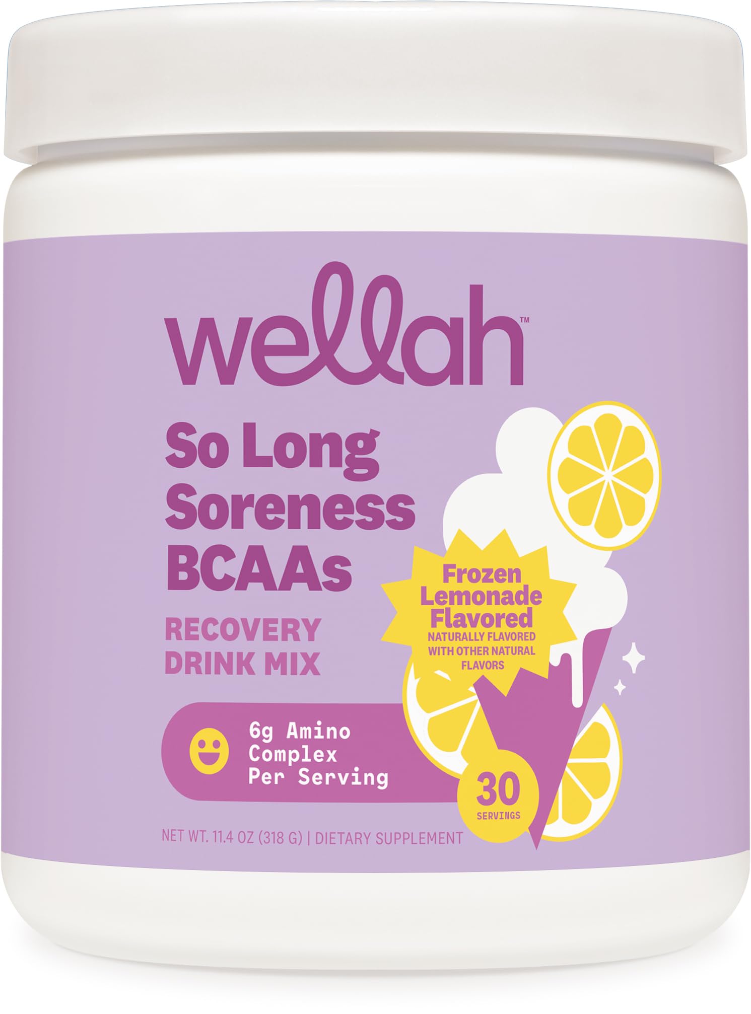 Wellah So Long Soreness BCAA Powder bottle with frozen lemonade flavor for refreshing hydration.