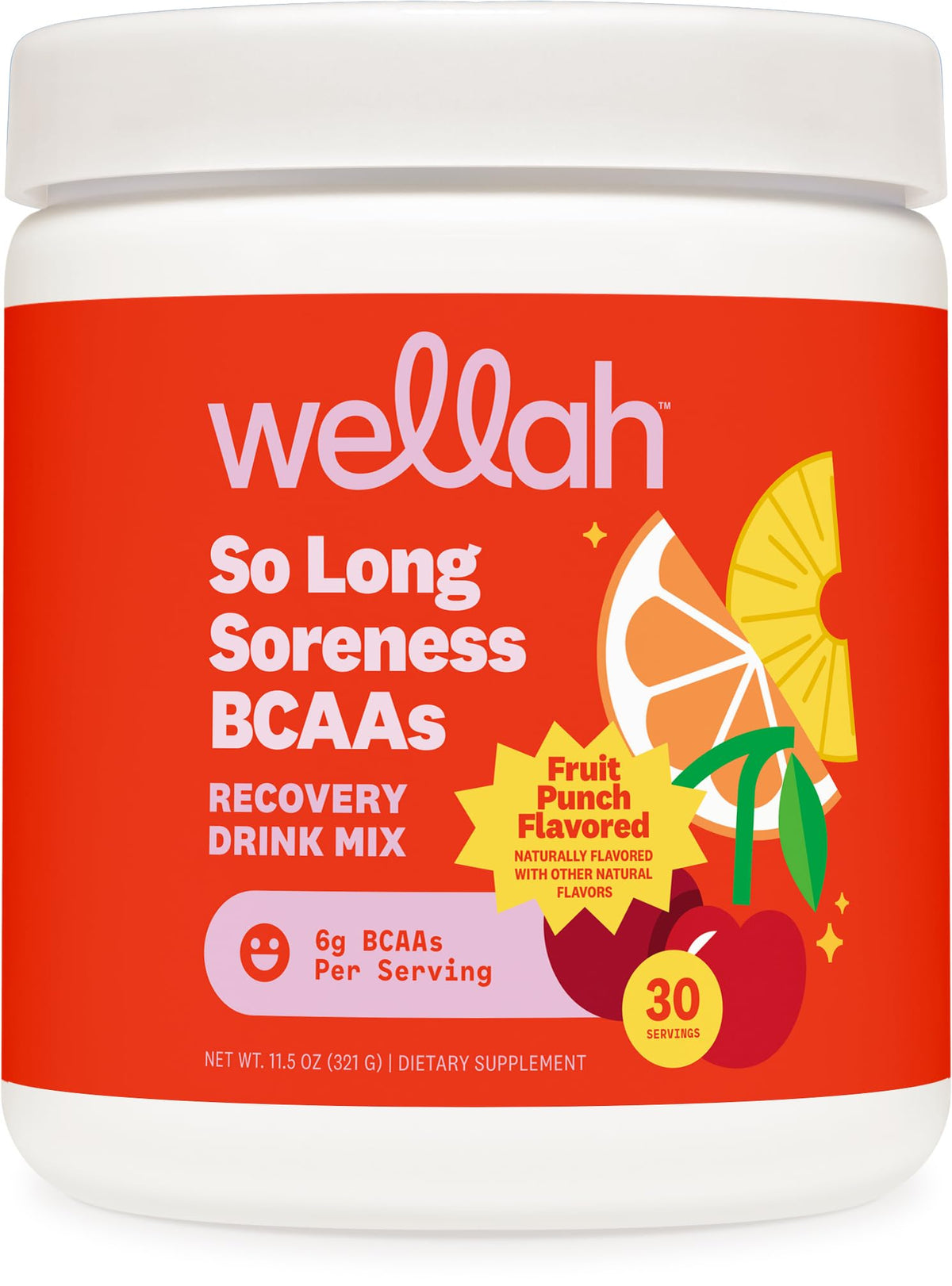 Wellah So Long Soreness BCAA Powder bottle, Fruit Punch flavor, supports daily hydration.