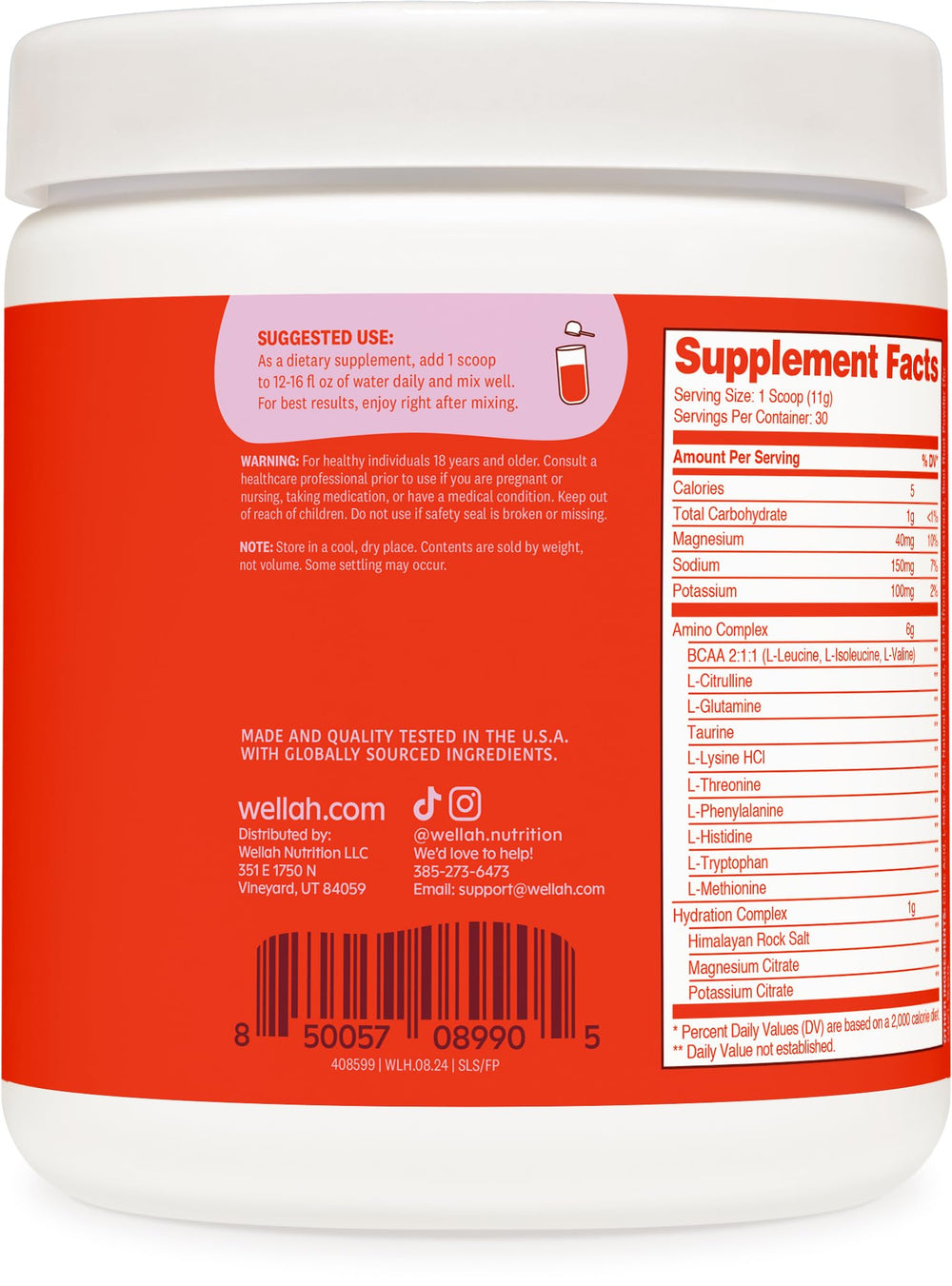 Wellah So Long Soreness BCAA Powder glass with mixed Fruit Punch drink for hydration.