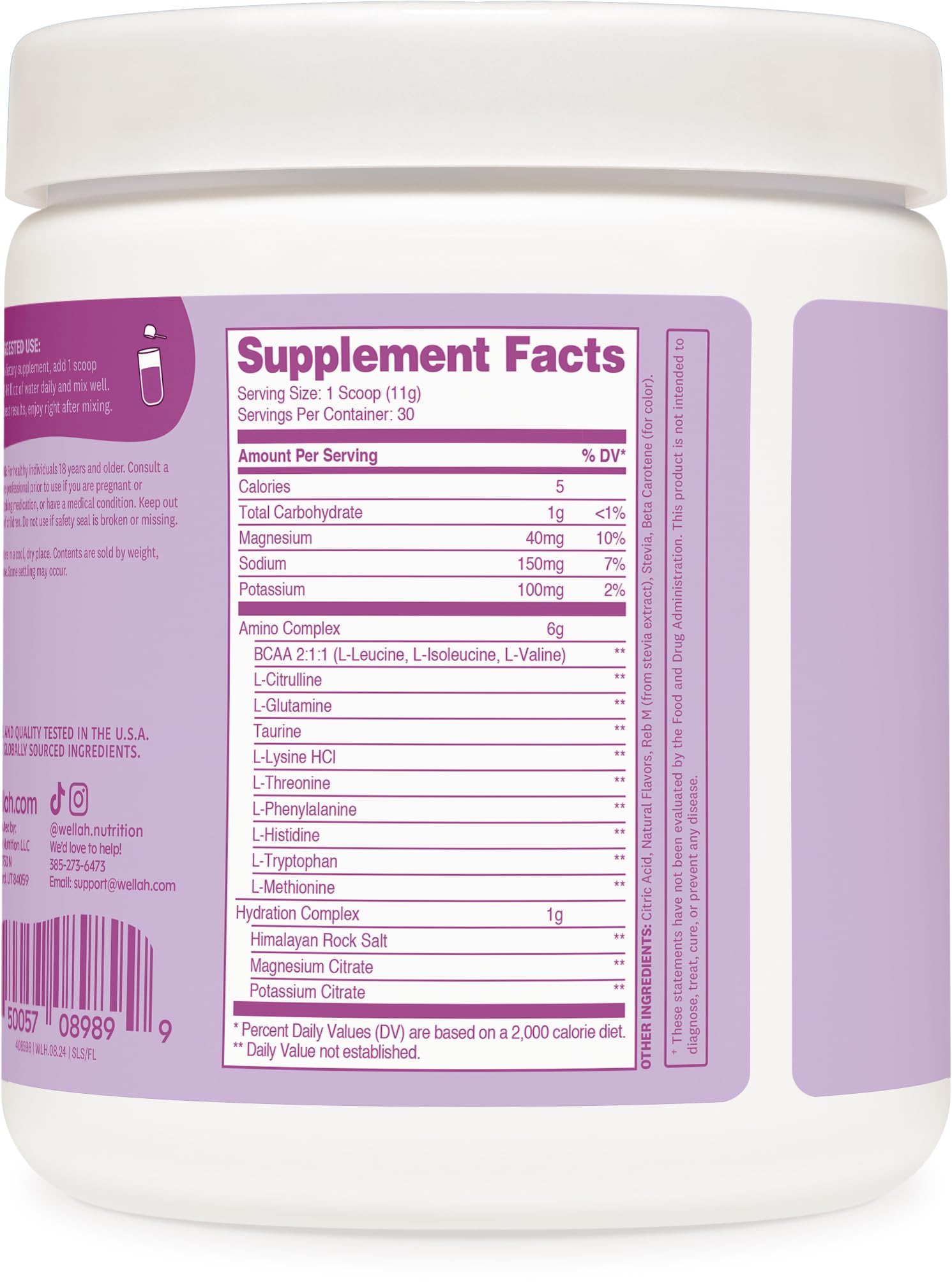 Wellah So Long Soreness BCAA Powder emphasizing the hydration complex for daily fluid intake.