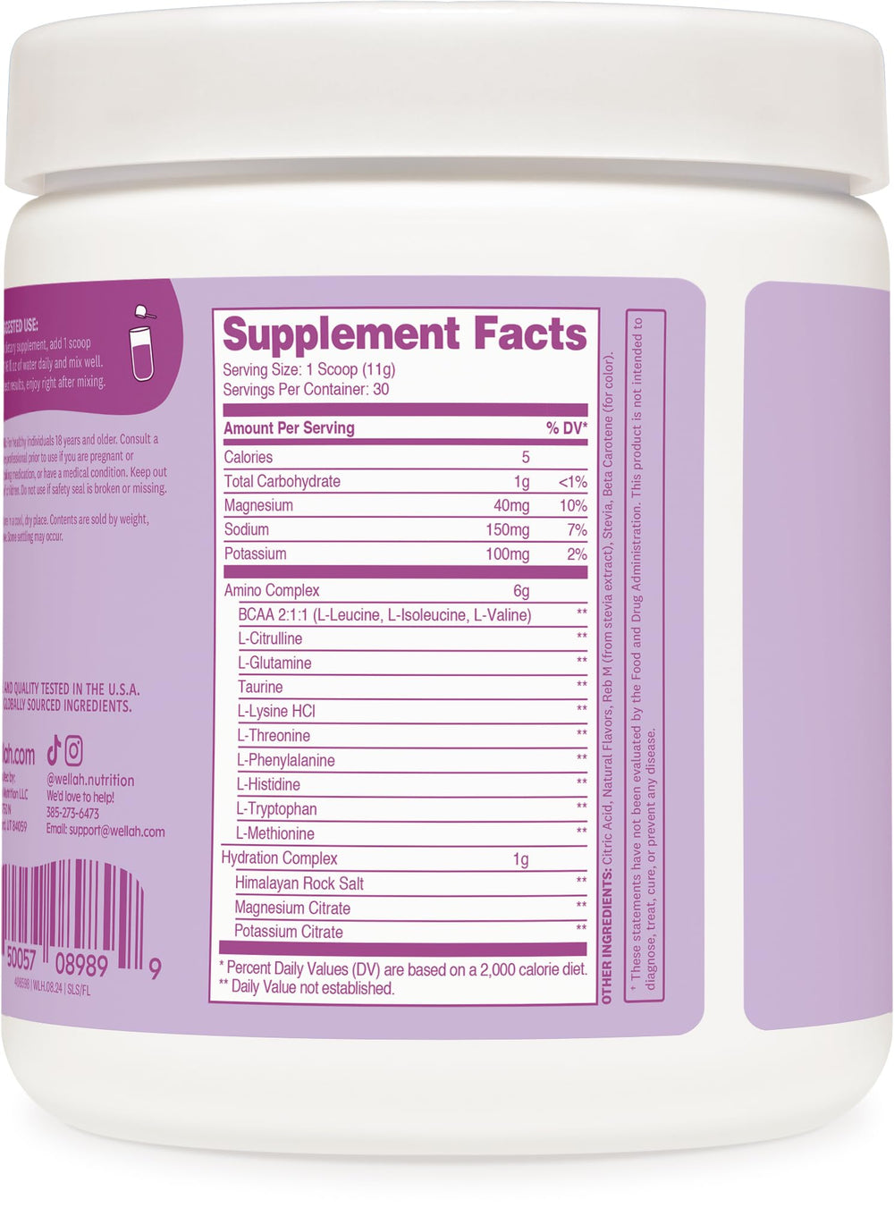 Wellah So Long Soreness BCAA Powder emphasizing the hydration complex for daily fluid intake.