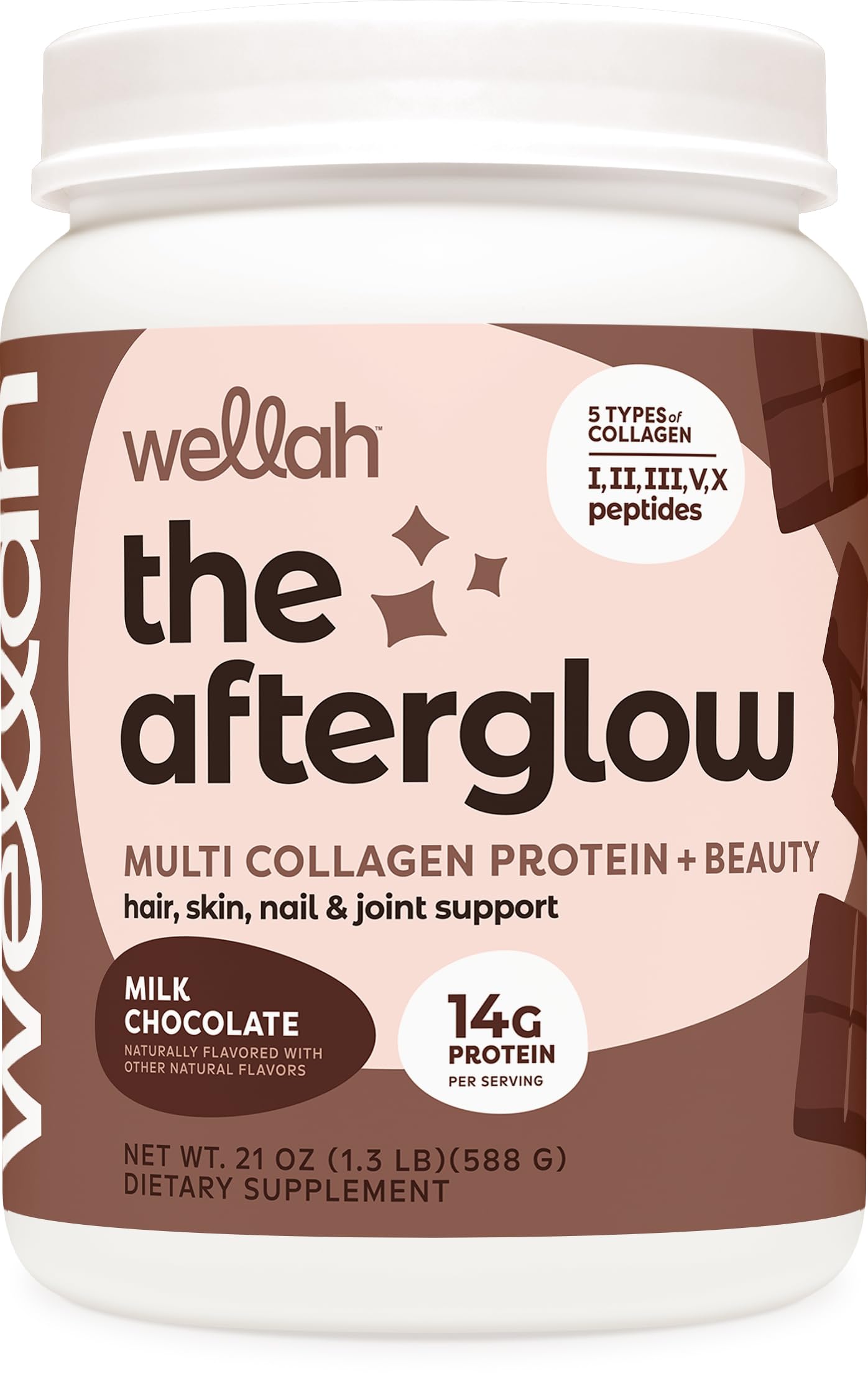 Wellah The Afterglow chocolate bottle with a multi-collagen blend for daily beauty support.