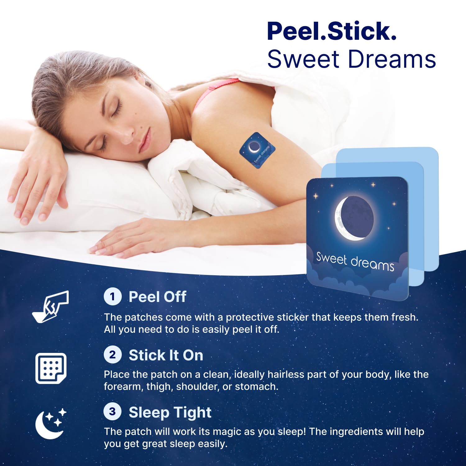 Wellamoon Original Sleep Patches placed on the arm for overnight wear.