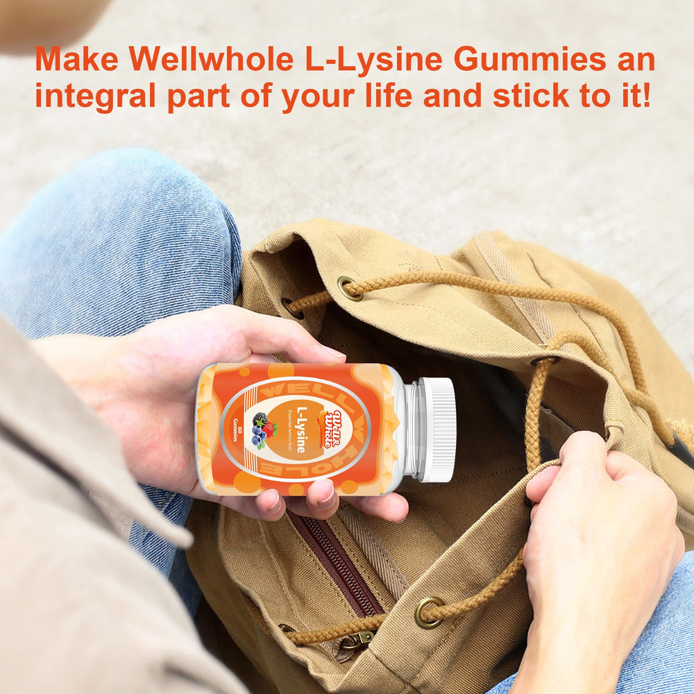 Well&Whole L-Lysine Gummies label highlights skin and nail support.