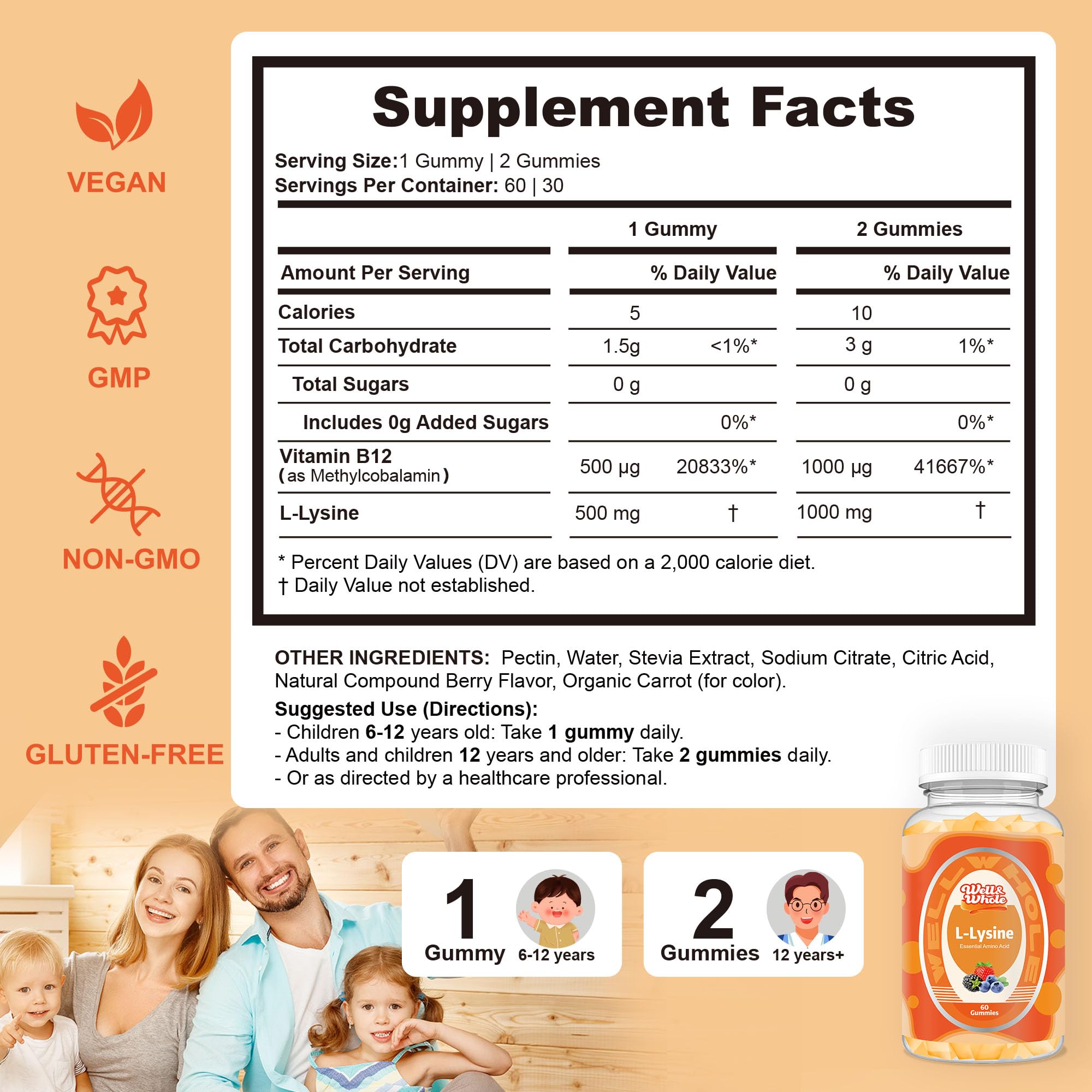 Well&Whole L-Lysine Gummies label highlights 1000 mg per two gummies.