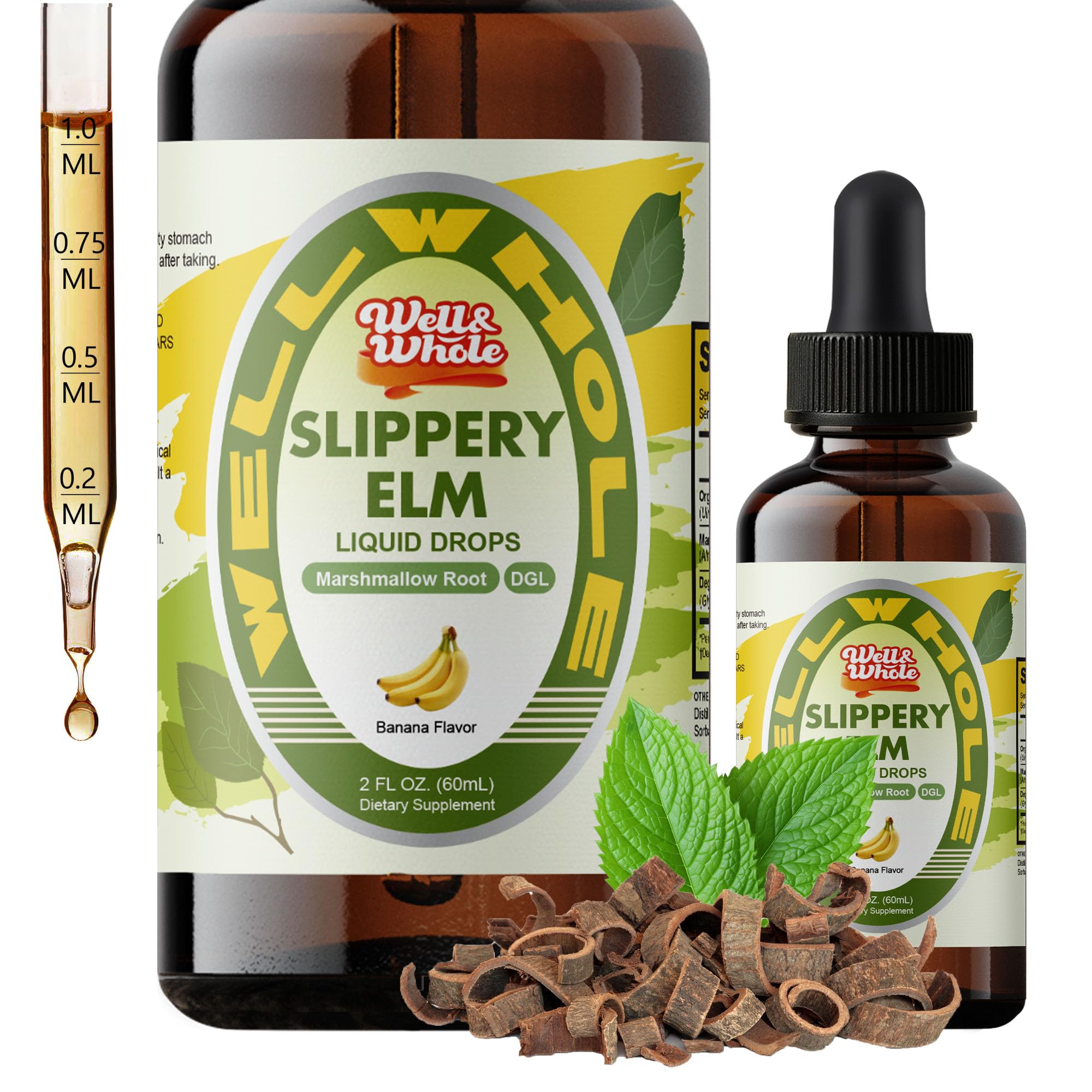 Well&Whole Slippery Elm Drops bottle for digestive comfort and throat soothing.