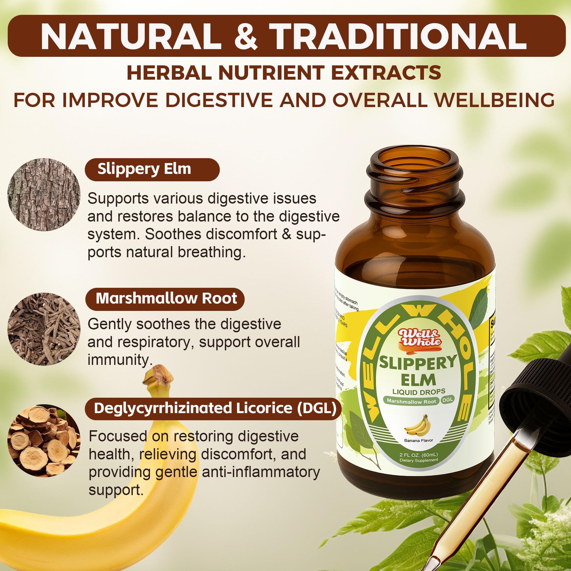 Well&Whole Slippery Elm Drops dropper close-up, easy daily use for throat comfort.