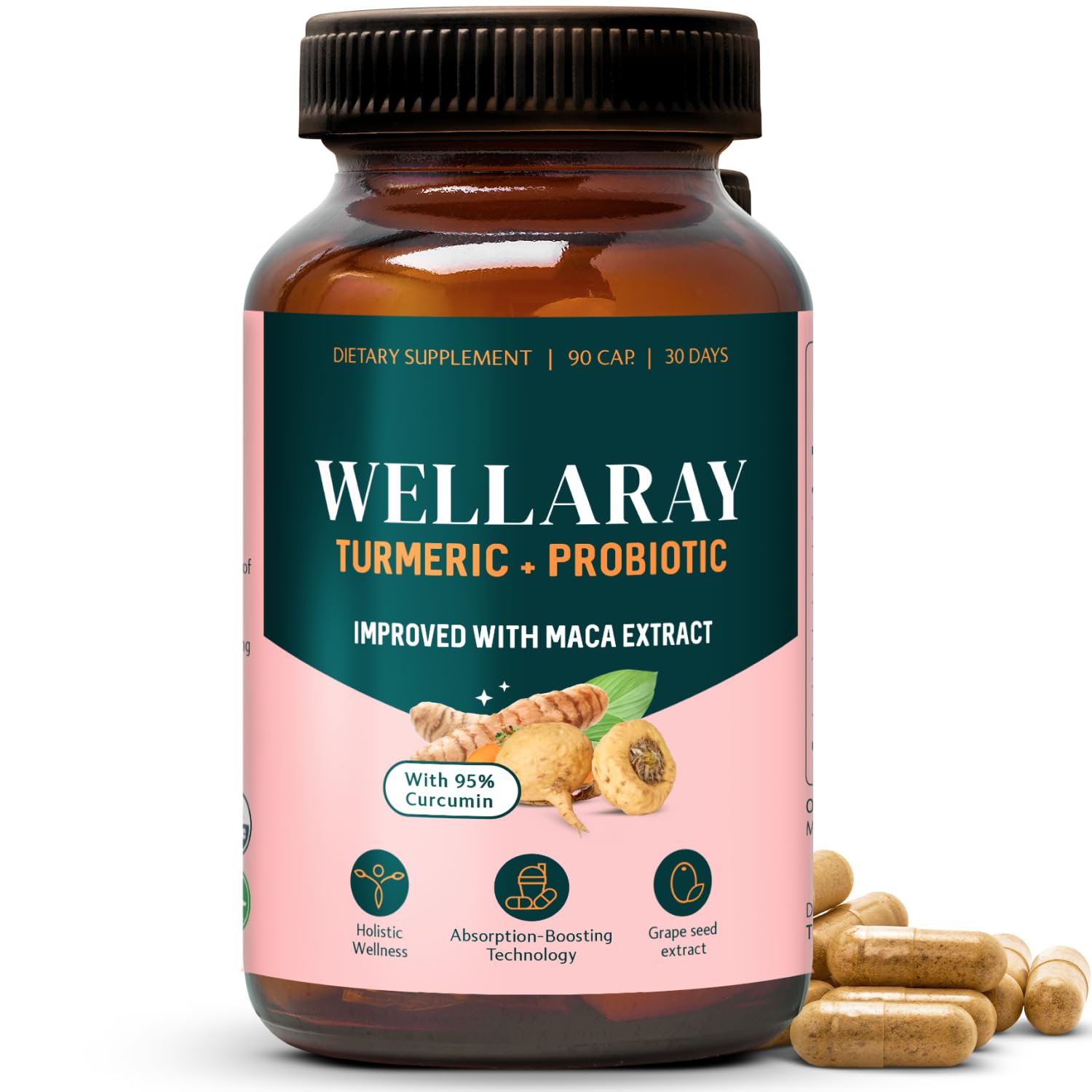 Wellaray Menopause Relief bottle front with capsules promoting gut-friendly wellness.