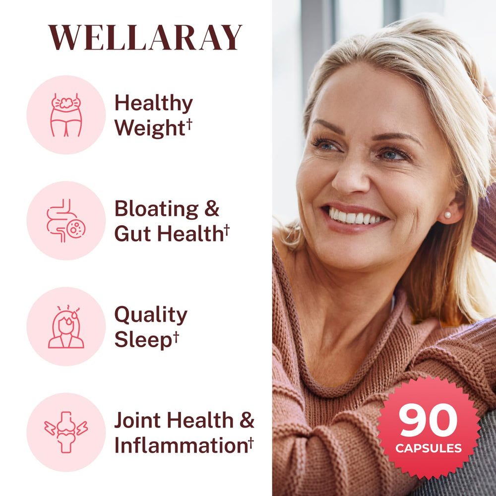 Wellaray Menopause Relief capsules close-up highlighting 68.2B CFU for digestion support.