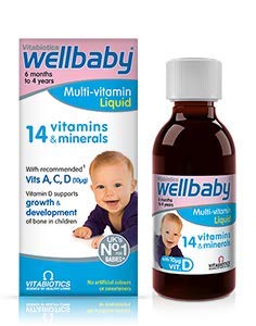 Wellbaby Multi-Vitamin Liquid bottle showing 14 nutrients for growing children