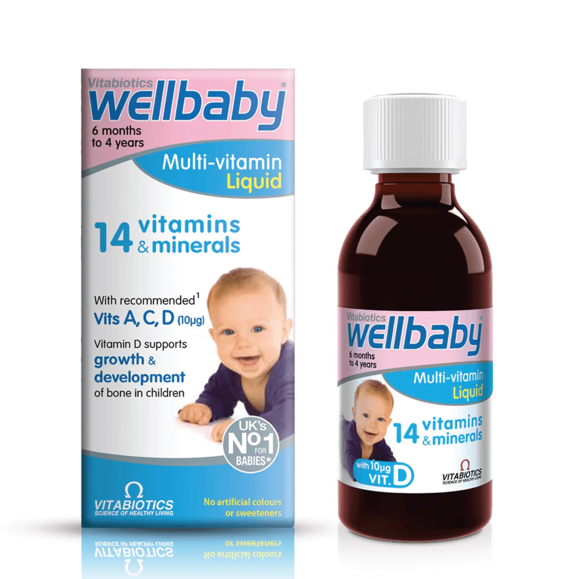 WELLBABY multi-vitamin liquid bottle for infants supports growth and immune development.