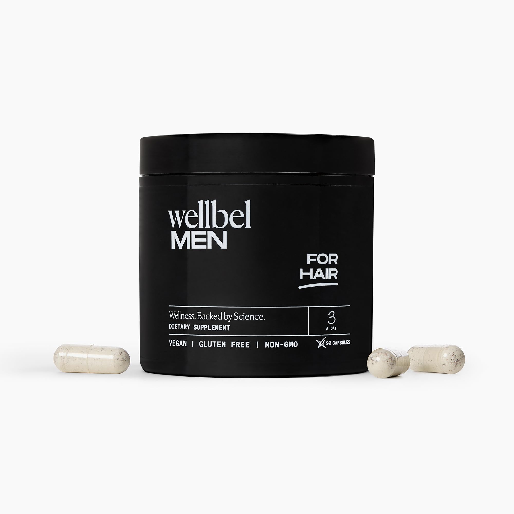 WELLBEL Men bottle front—vegan daily supplement for hair, skin, nails.