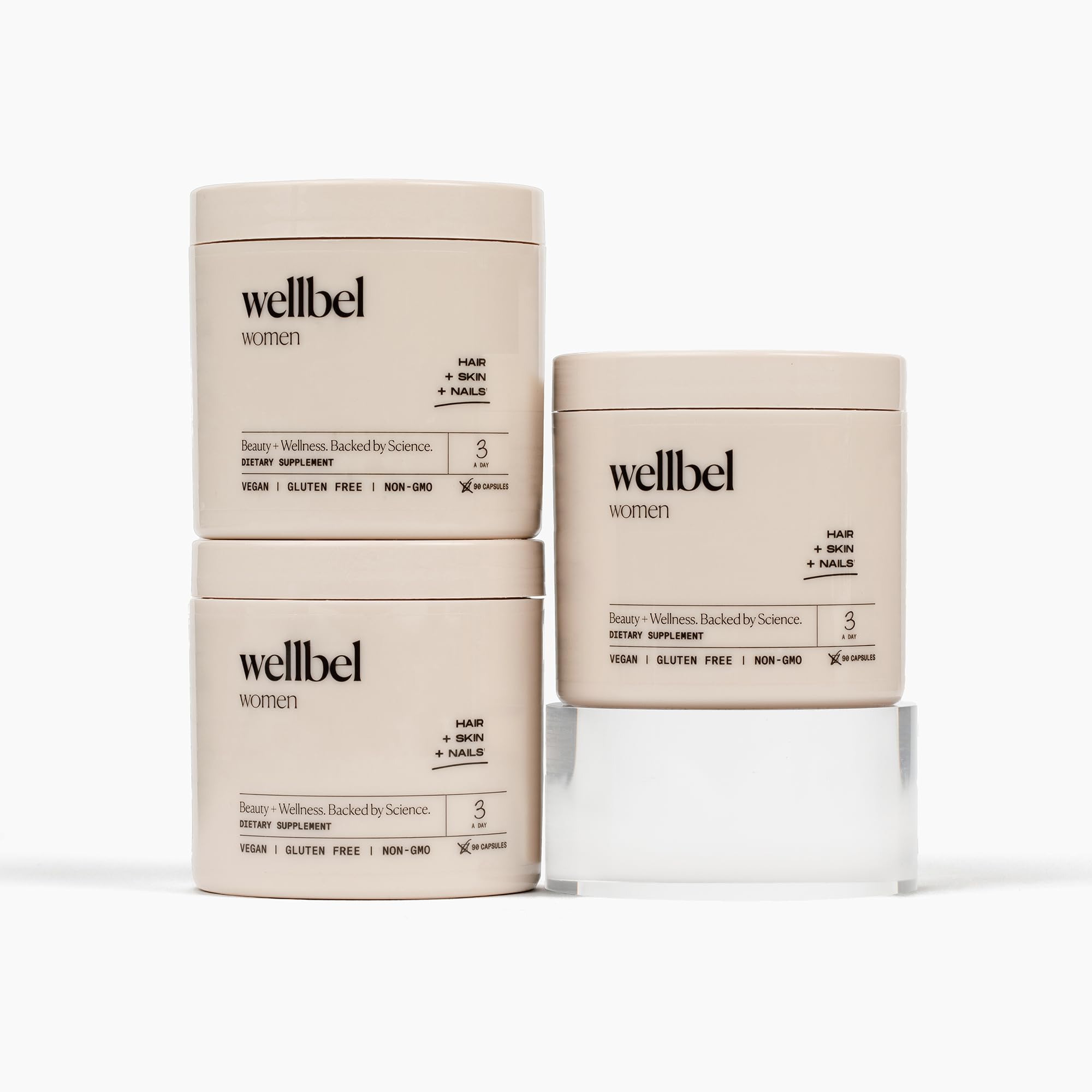 WELLBEL Women bottle front showing capsules for hair, skin, nails.