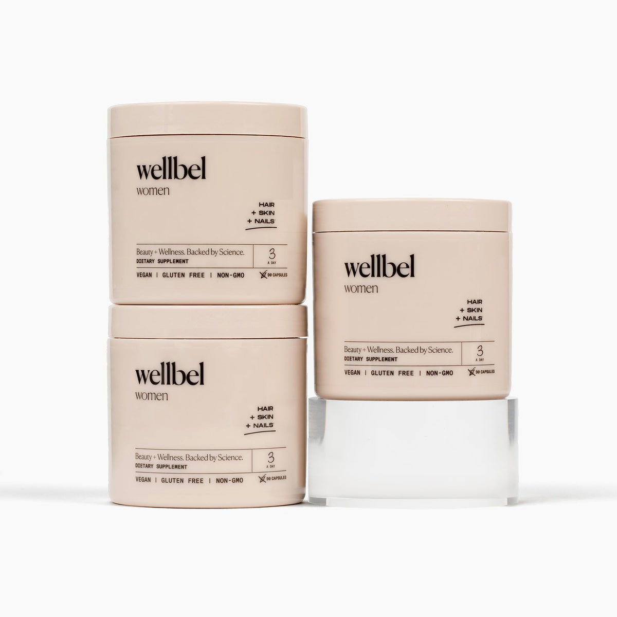 WELLBEL Women bottle front showing capsules for hair, skin, nails.
