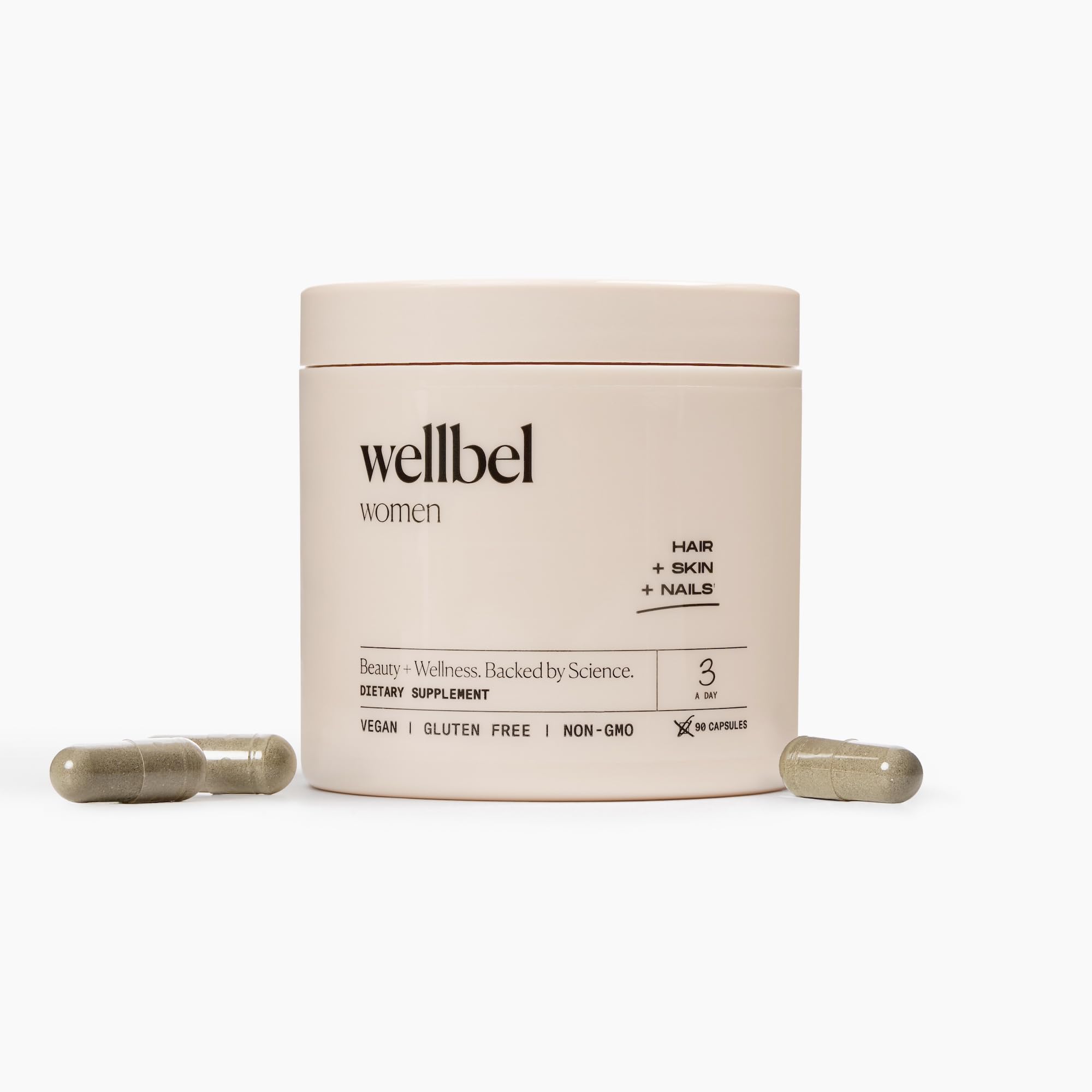 Wellbel Women Clean bottle front view; vegan formula supports hair, skin, nails, and daily wellness