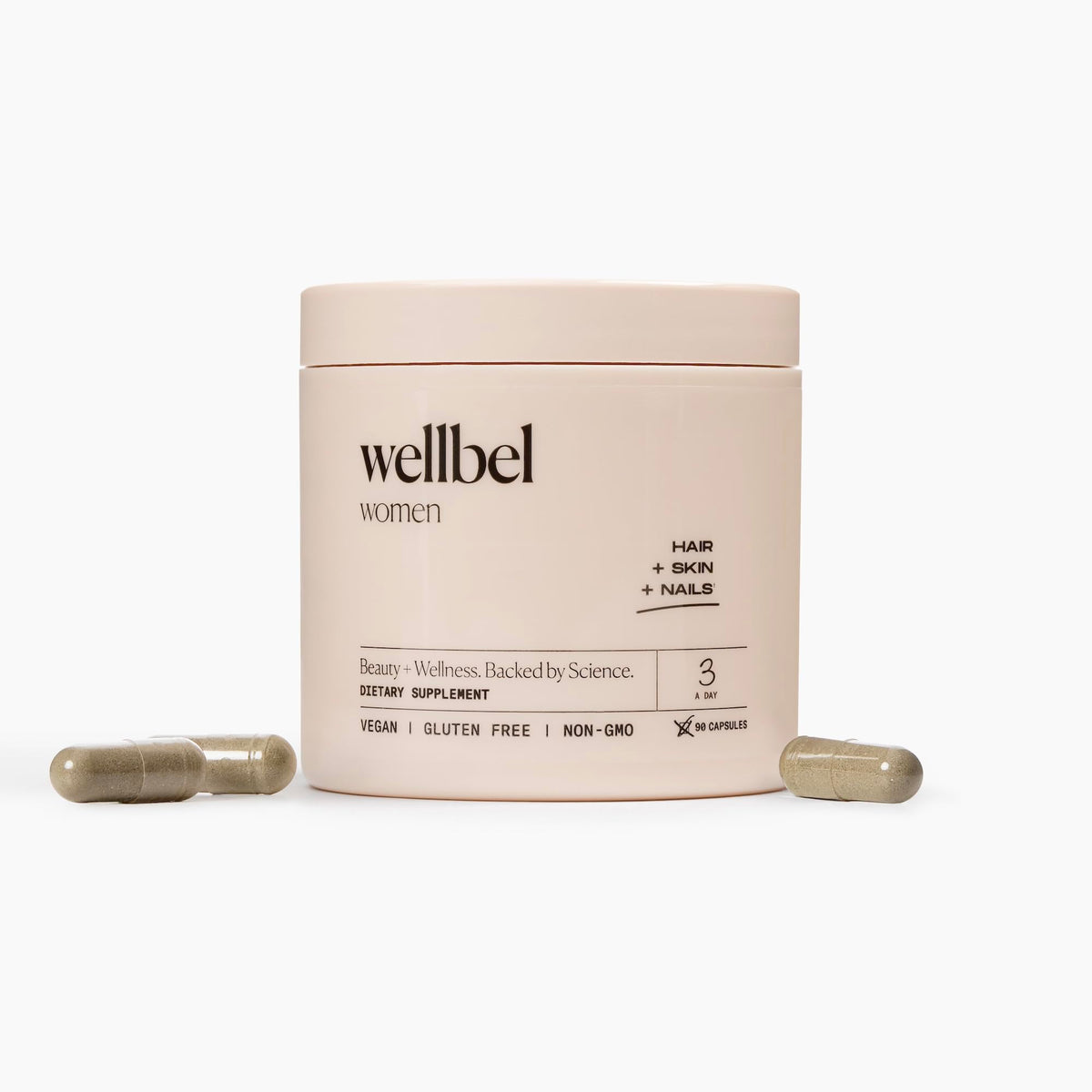 Wellbel Women Clean bottle front view; vegan formula supports hair, skin, nails, and daily wellness