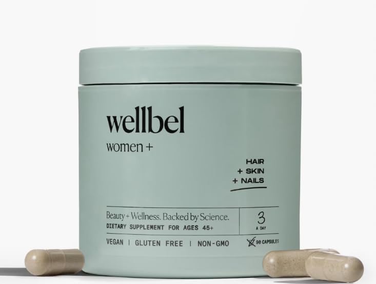 WELLBEL Women+ bottle front showing vegan, non-GMO formula for hair, skin, and nails