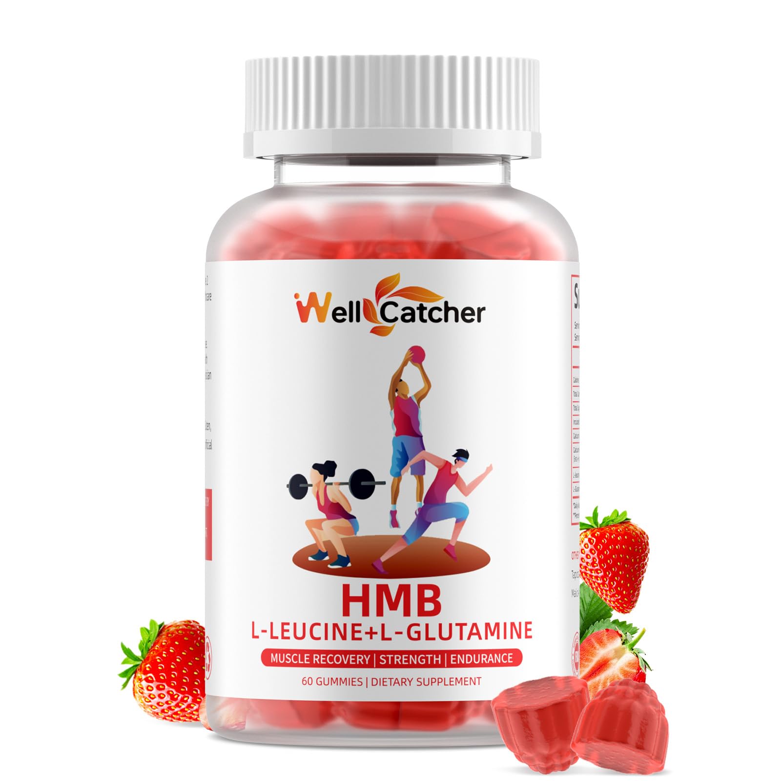 Wellcatcher HMB and Leucine gummies bottle with strawberry flavor for pre-workout support