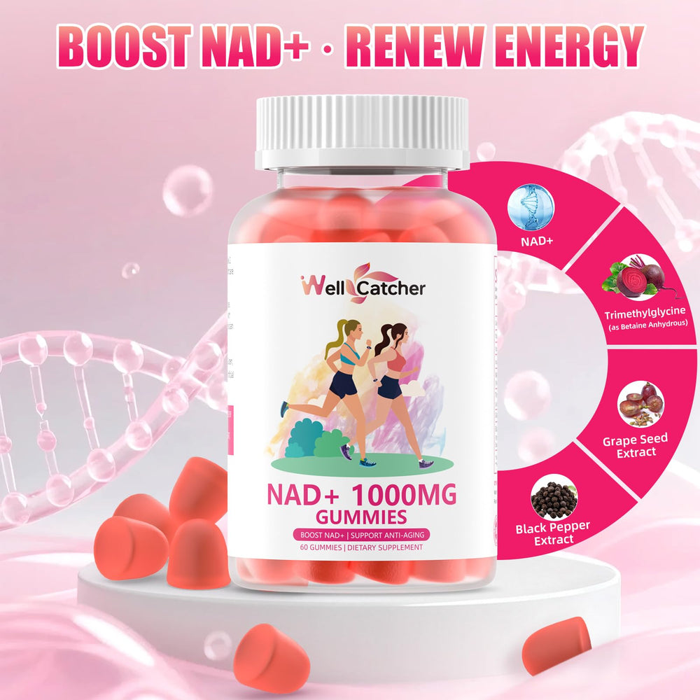 Wellcatcher NAD+ gummies nutrition panel shows serving details.