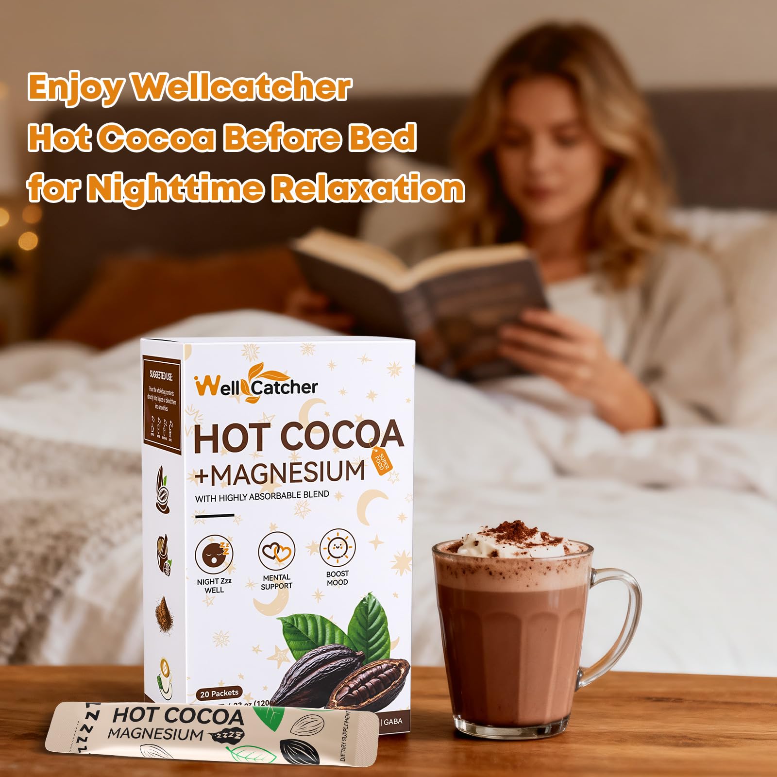Wellcatcher Nighttime Sleep Hot Cocoa ingredients close-up with magnesium and herbs.