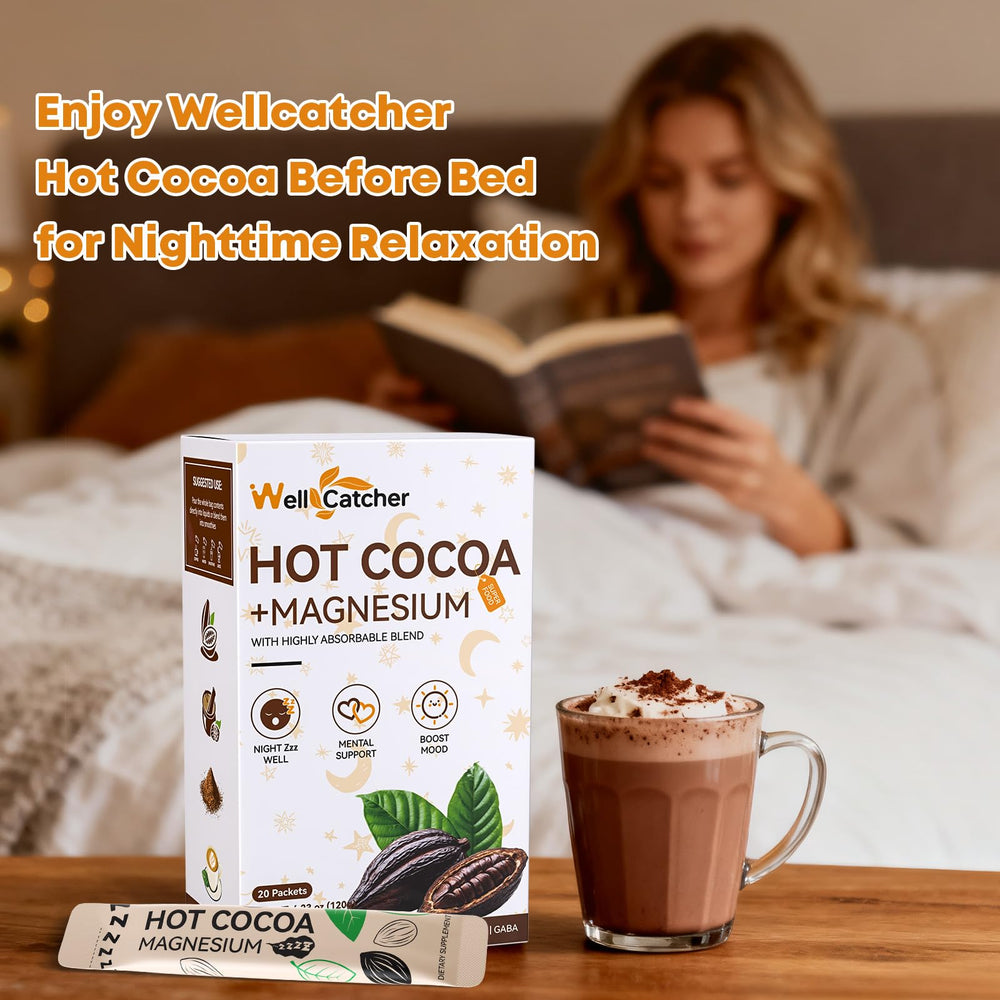 Wellcatcher Nighttime Sleep Hot Cocoa ingredients close-up with magnesium and herbs.